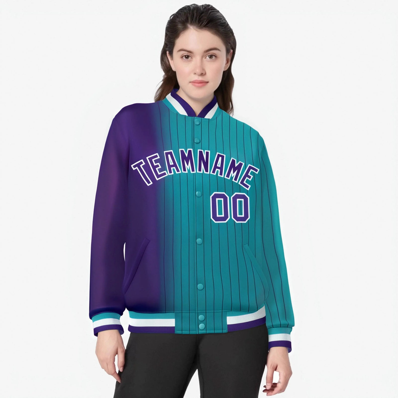 Custom Aqua Purple Pinstripe White-Purple Gradient Fashion Varsity Full-Snap Jacket