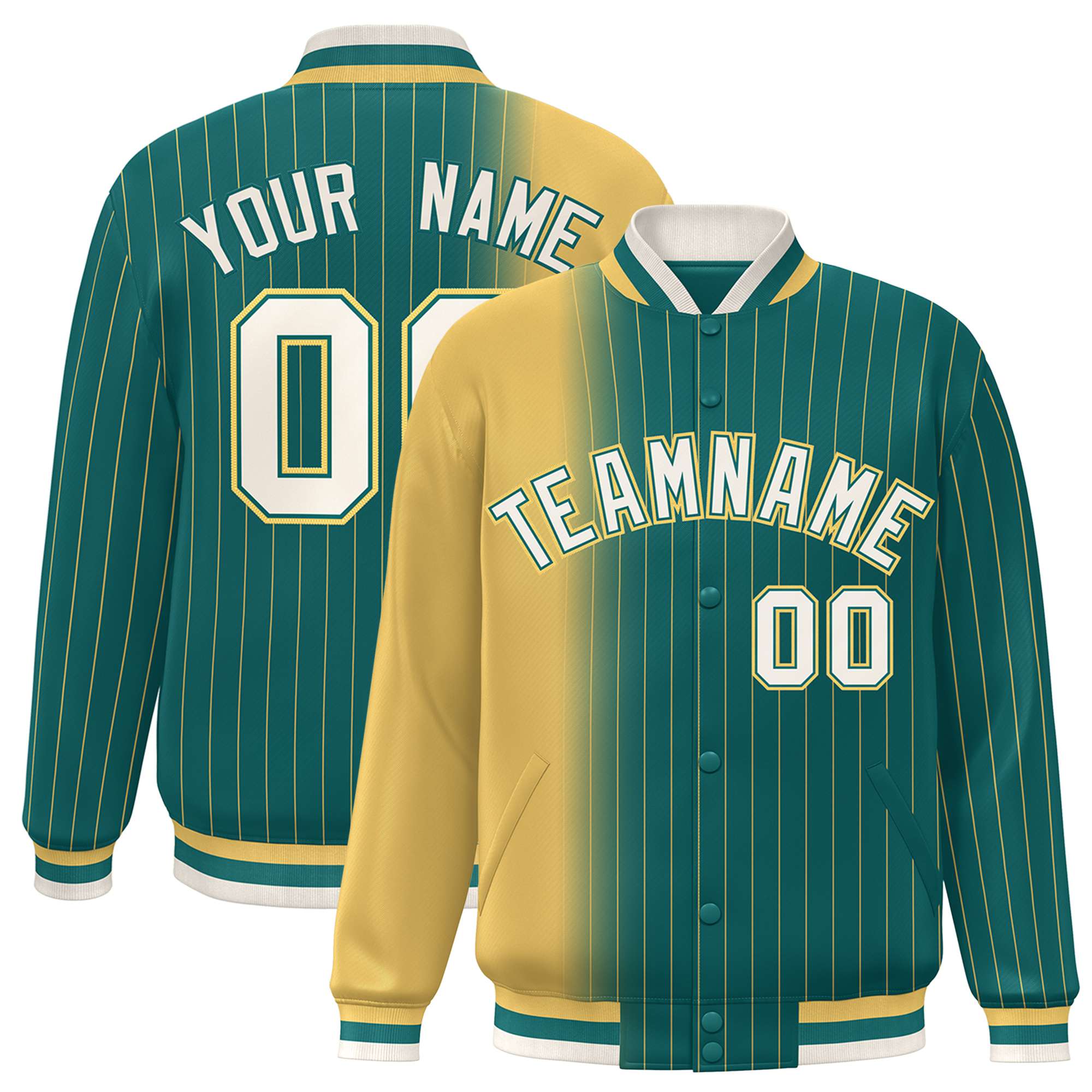 Custom Aqua Old-Gold Pinstripe White-Old Gold Gradient Fashion Varsity Full-Snap Jacket