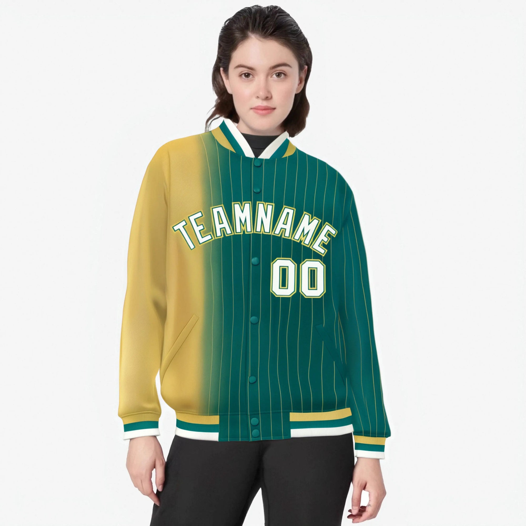 Custom Aqua Old-Gold Pinstripe White-Old Gold Gradient Fashion Varsity Full-Snap Jacket