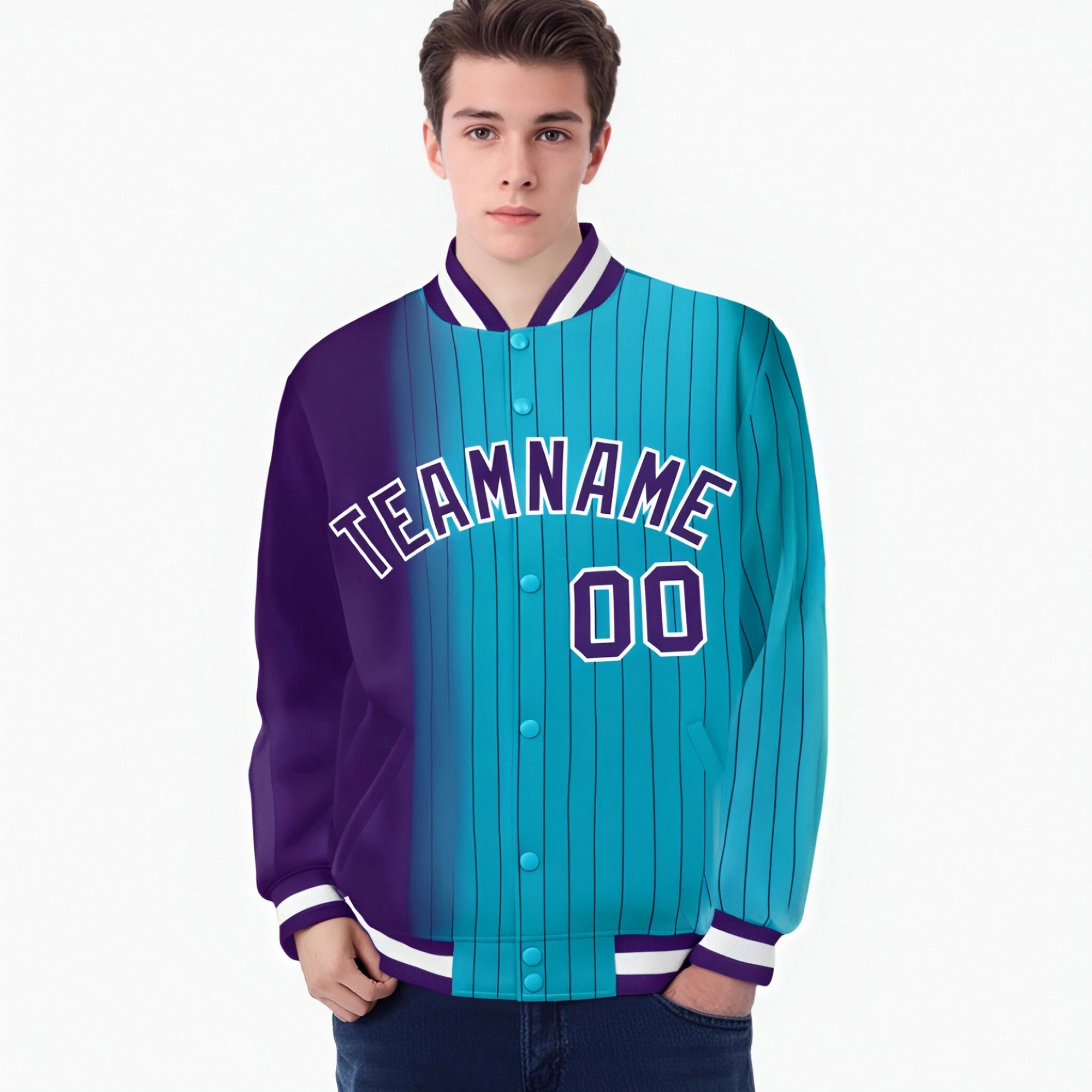 Custom Aqua Purple Pinstripe White-Purple Gradient Fashion Varsity Full-Snap Jacket