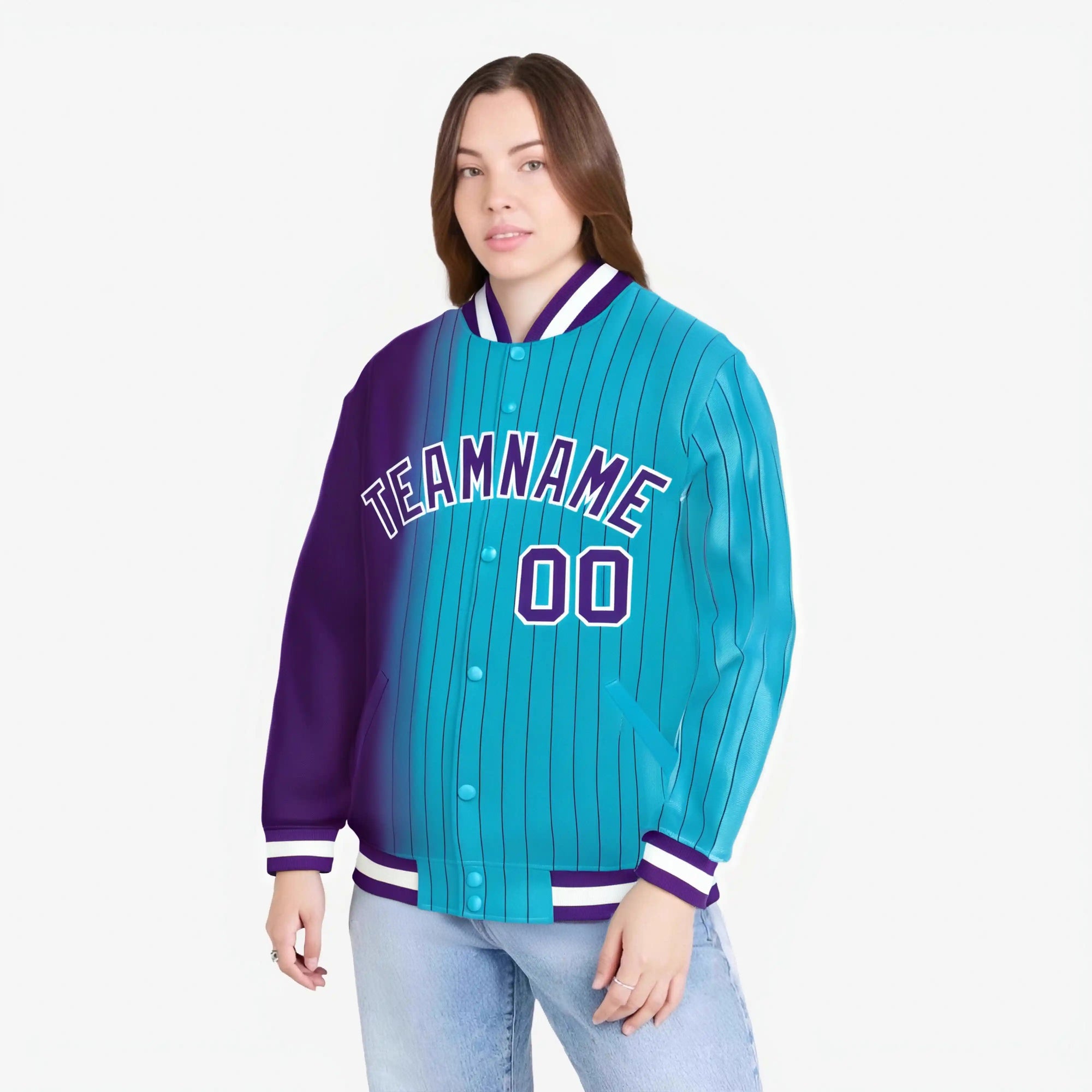 Custom Aqua Purple Pinstripe White-Purple Gradient Fashion Varsity Full-Snap Jacket