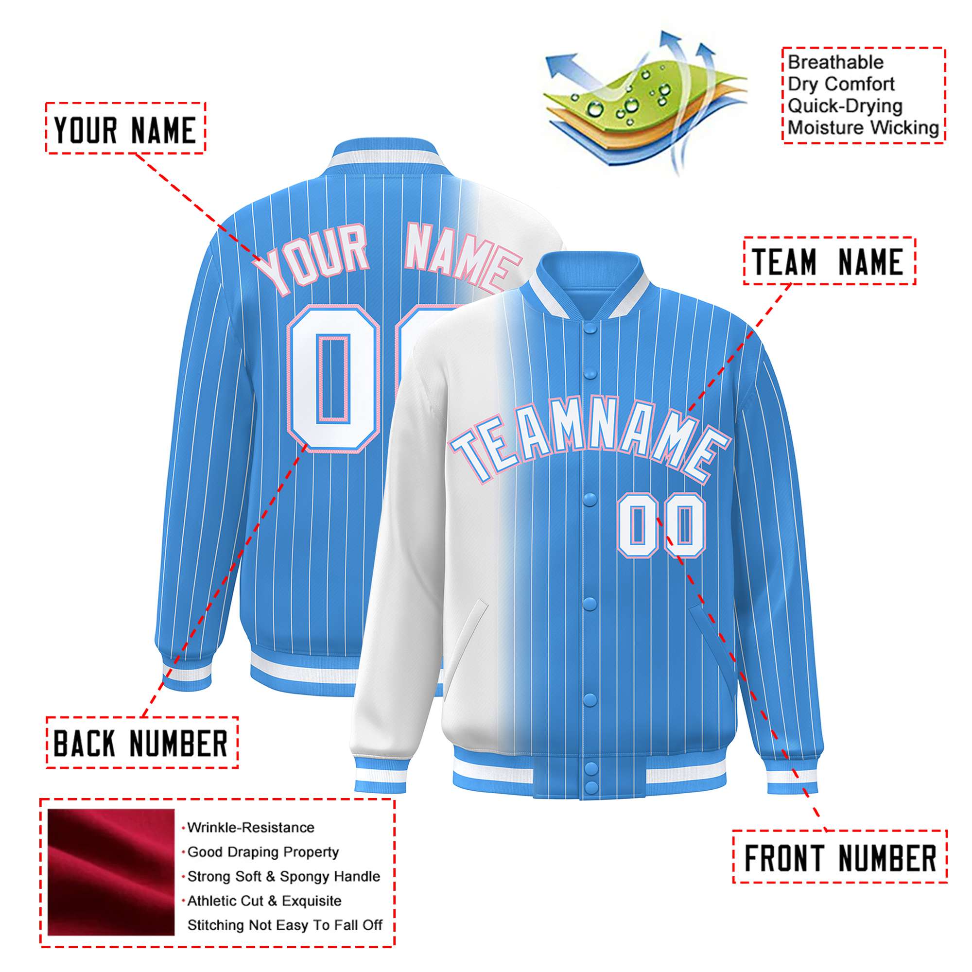 Custom Powder Blue White Pinstripe Powder Blue-White Gradient Fashion Varsity Full-Snap Jacket