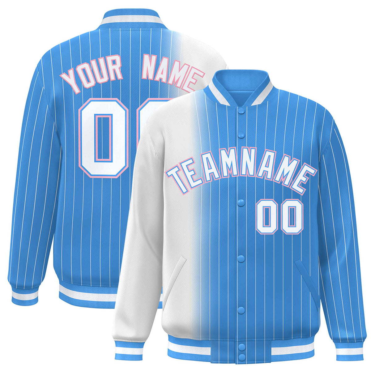 Custom Powder Blue White Pinstripe Powder Blue-White Gradient Fashion Varsity Full-Snap Jacket