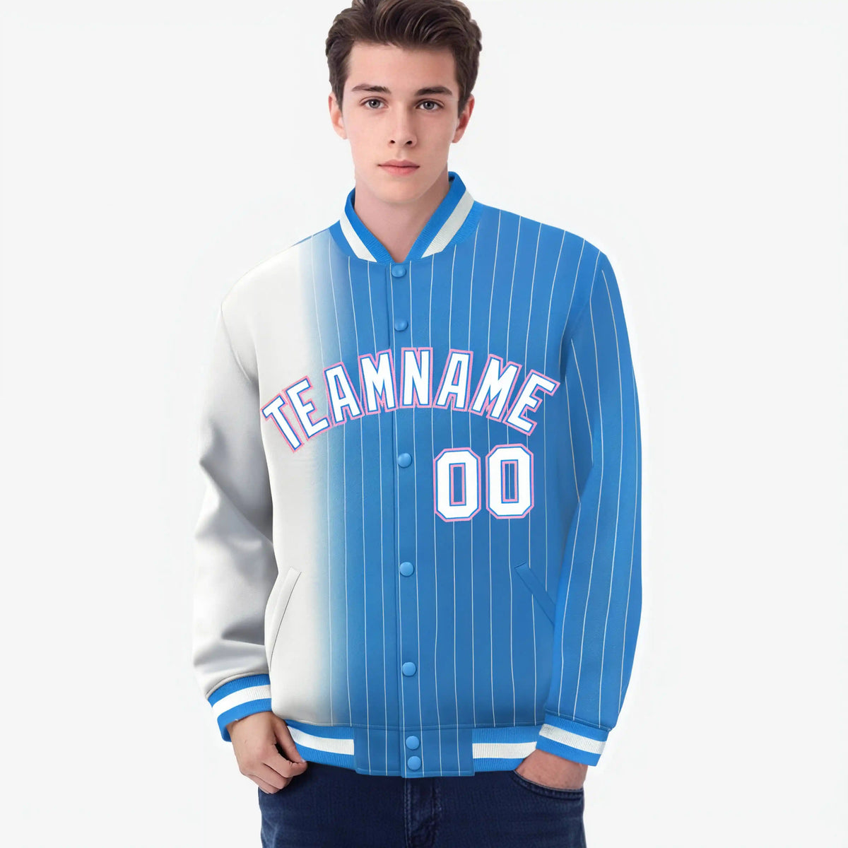 Custom Powder Blue White Pinstripe Powder Blue-White Gradient Fashion Varsity Full-Snap Jacket