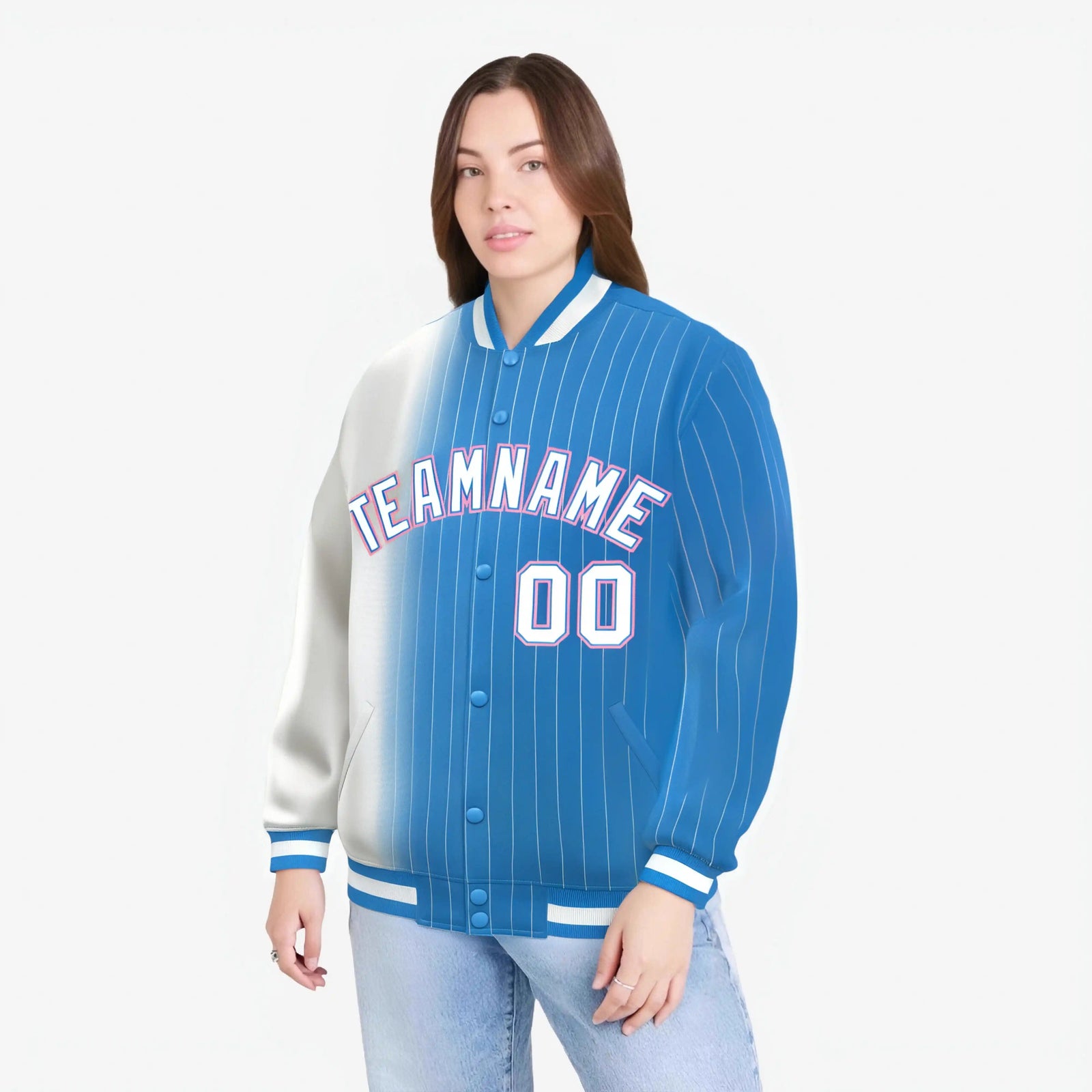 Custom Powder Blue White Pinstripe Powder Blue-White Gradient Fashion Varsity Full-Snap Jacket