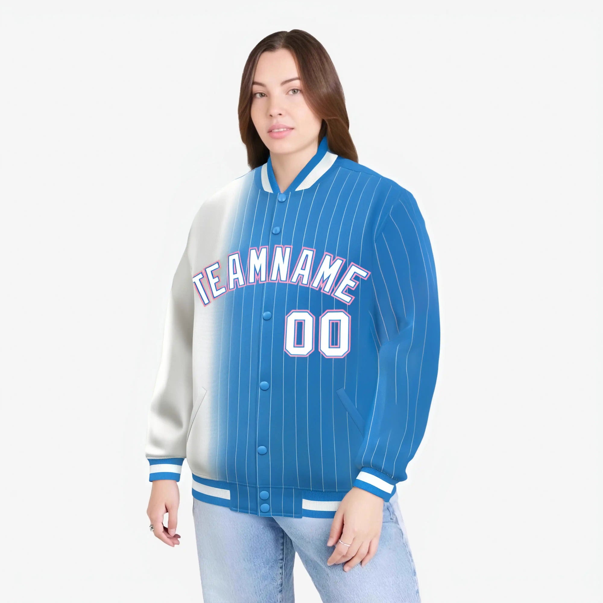 Custom Powder Blue White Pinstripe Powder Blue-White Gradient Fashion Varsity Full-Snap Jacket
