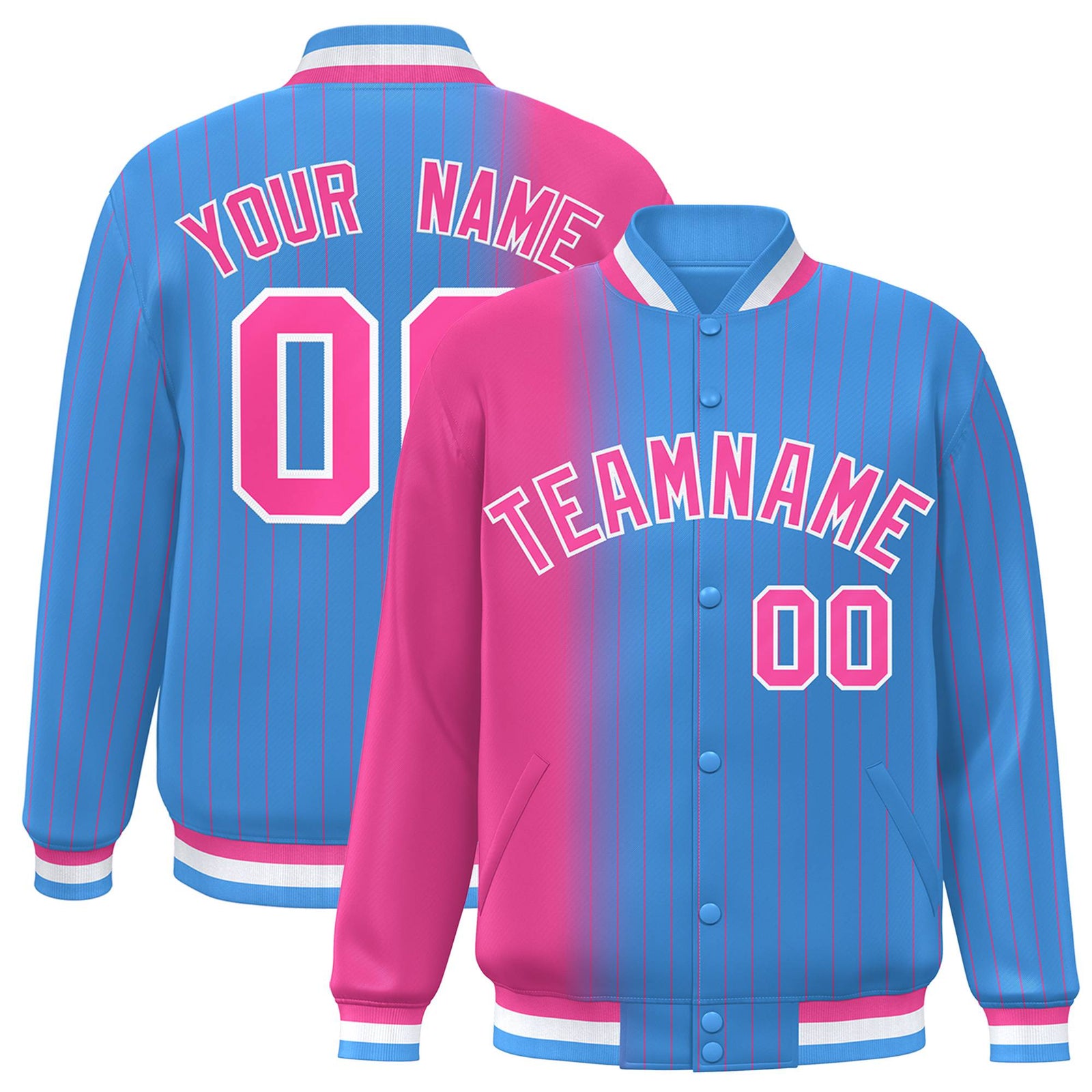 Custom Powder Blue Pink Pinstripe White-Pink Gradient Fashion Varsity Full-Snap Jacket