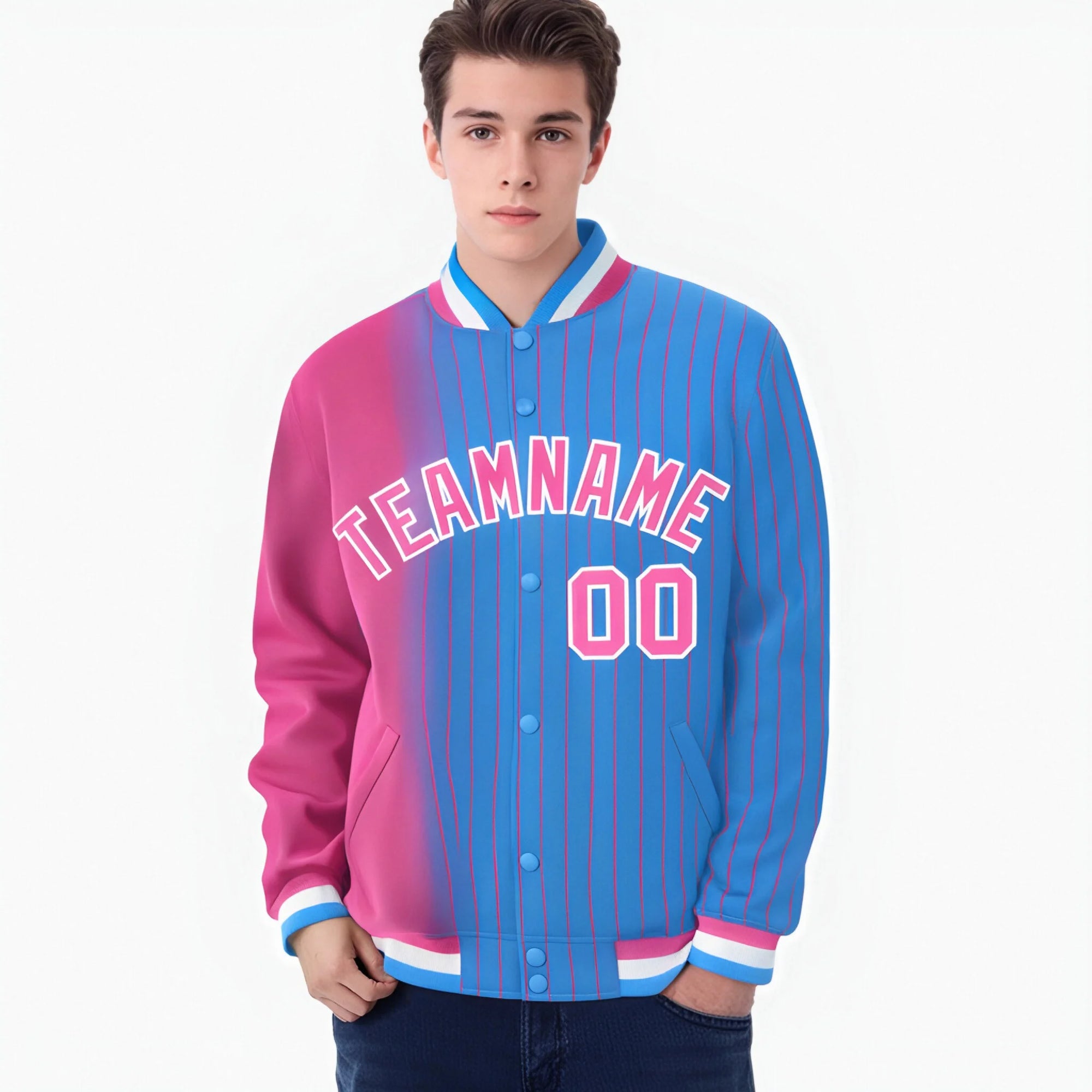 Custom Powder Blue Pink Pinstripe White-Pink Gradient Fashion Varsity Full-Snap Jacket