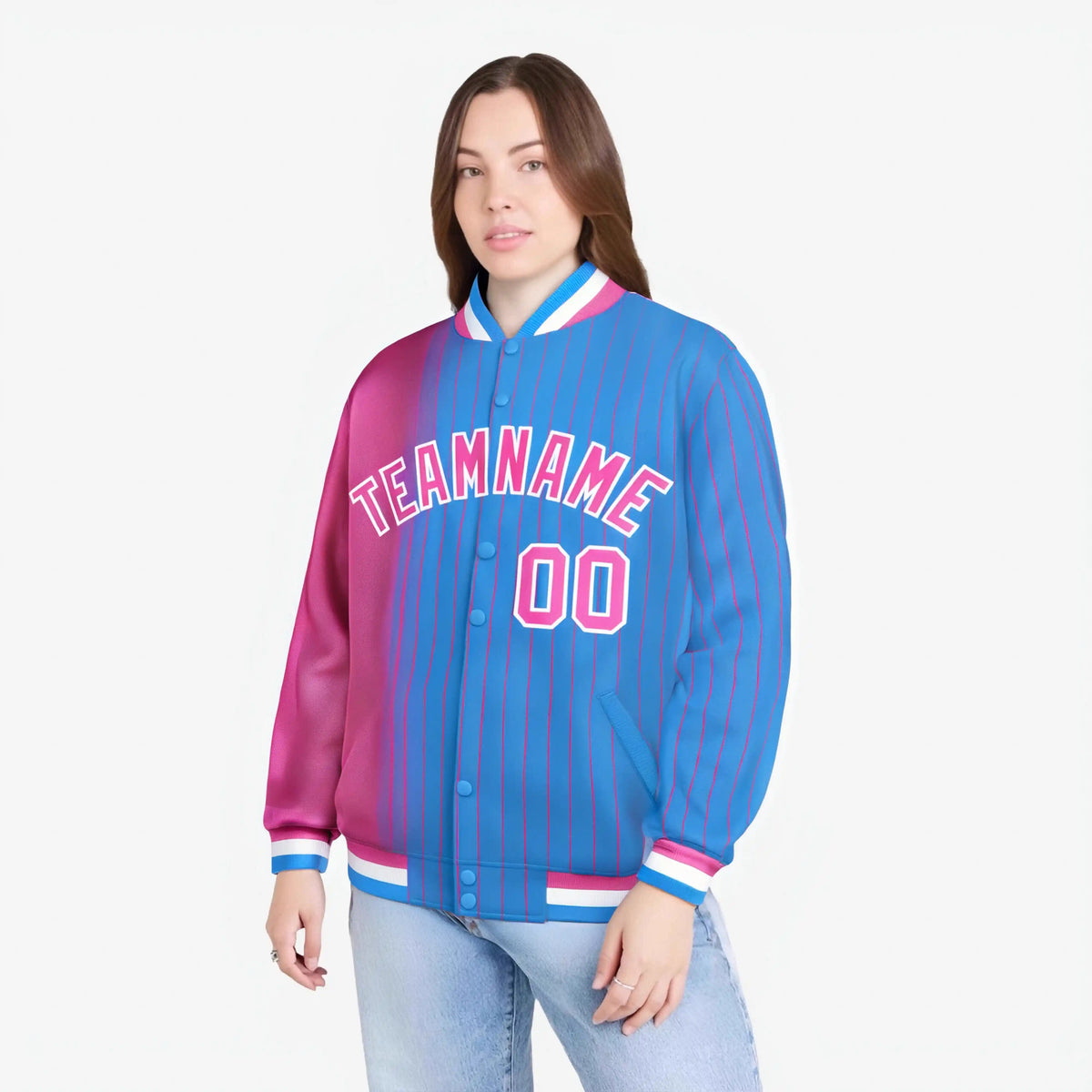 Custom Powder Blue Pink Pinstripe White-Pink Gradient Fashion Varsity Full-Snap Jacket