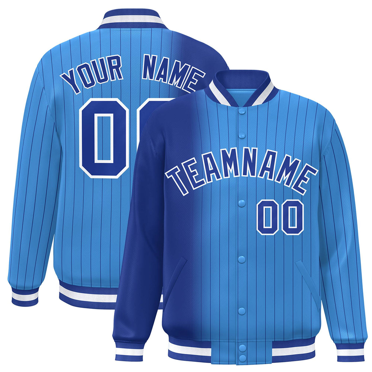 Custom Powder Blue Royal-Blue Pinstripe White-Royal Blue Gradient Fashion Varsity Full-Snap Jacket