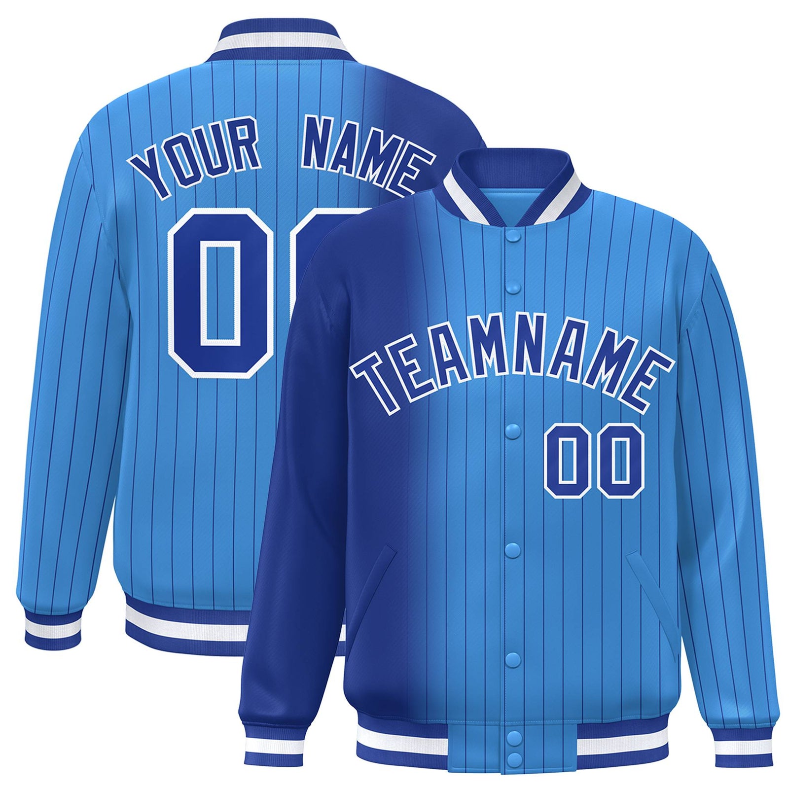 Custom Powder Blue Royal-Blue Pinstripe White-Royal Blue Gradient Fashion Varsity Full-Snap Jacket