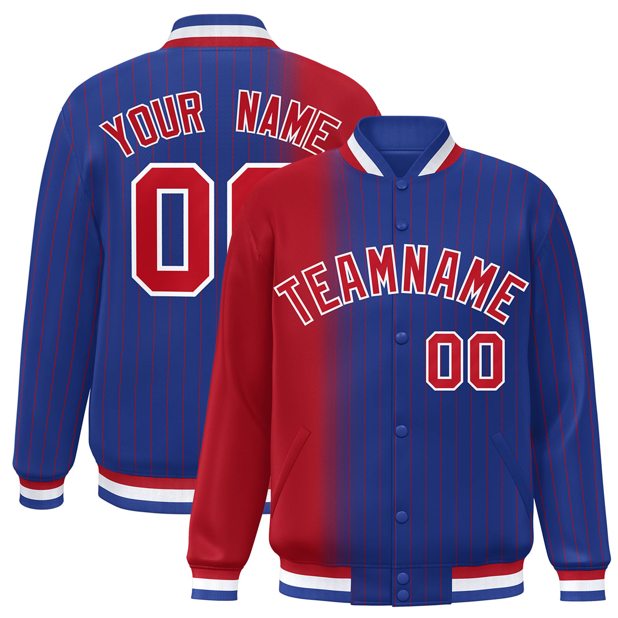 Custom Royal Blue Red Pinstripe White-Red Gradient Fashion Varsity Full-Snap Jacket