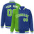 Custom Royal Blue Neon-Green Pinstripe White-Neon Green Gradient Fashion Varsity Full-Snap Jacket