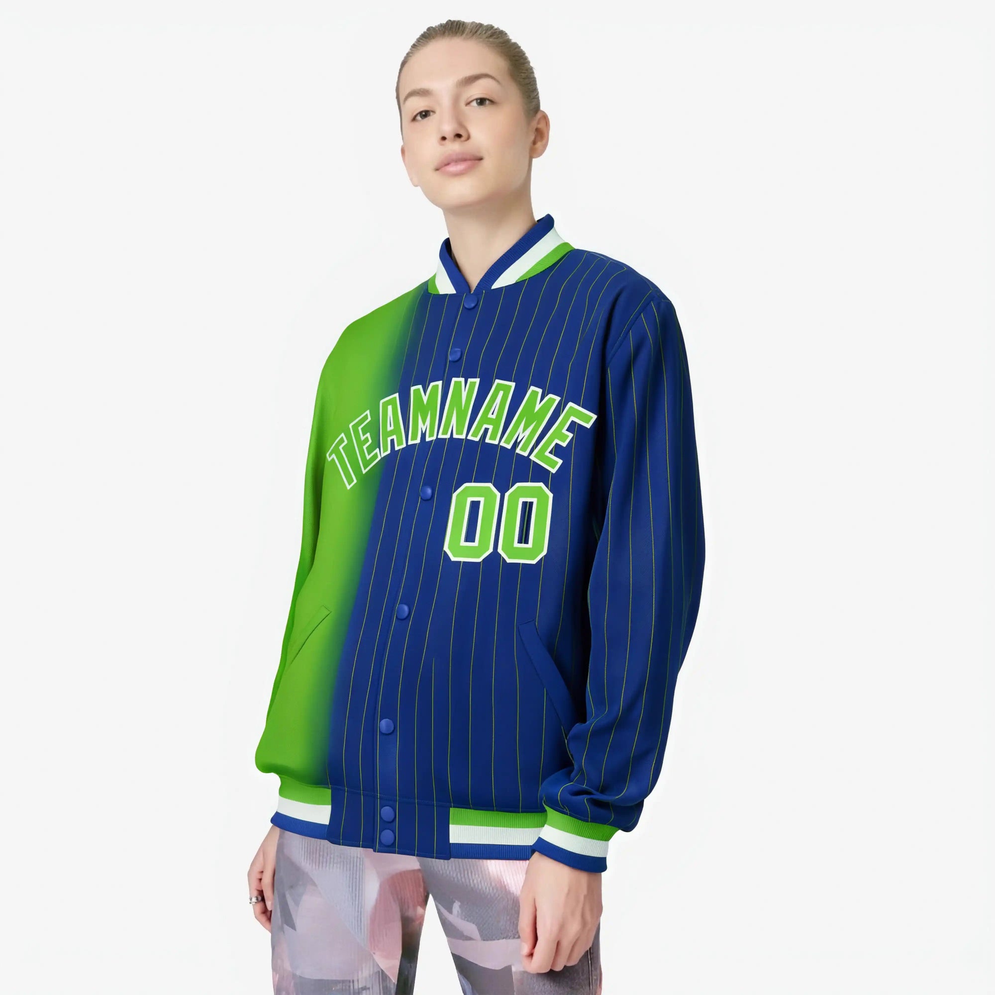 Custom Royal Blue Neon-Green Pinstripe White-Neon Green Gradient Fashion Varsity Full-Snap Jacket