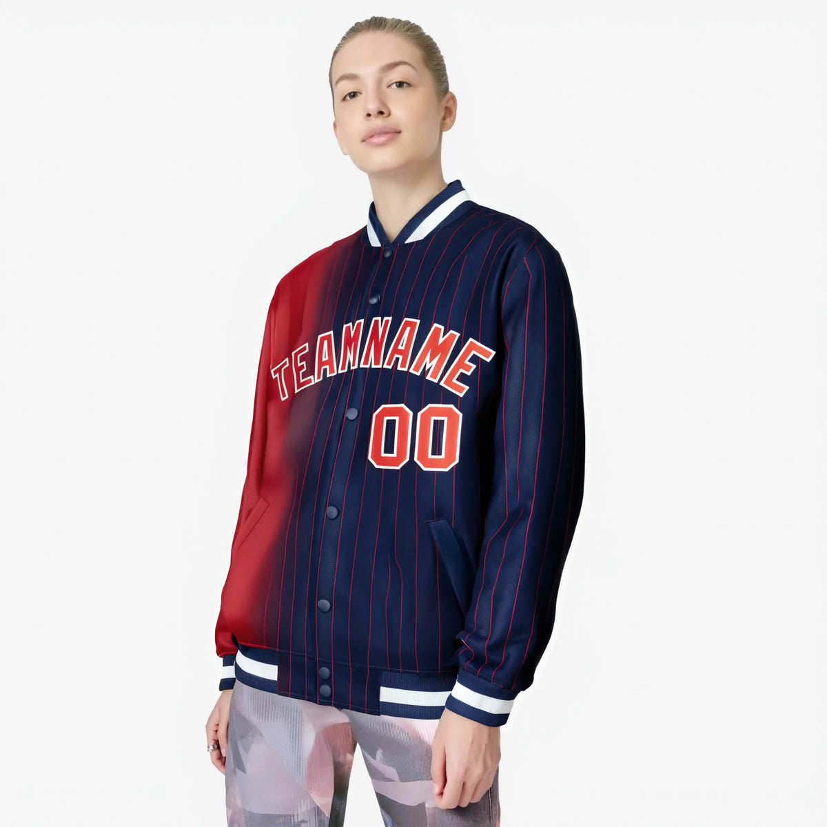 Custom Navy Red Pinstripe White-Red Gradient Fashion Varsity Full-Snap Jacket