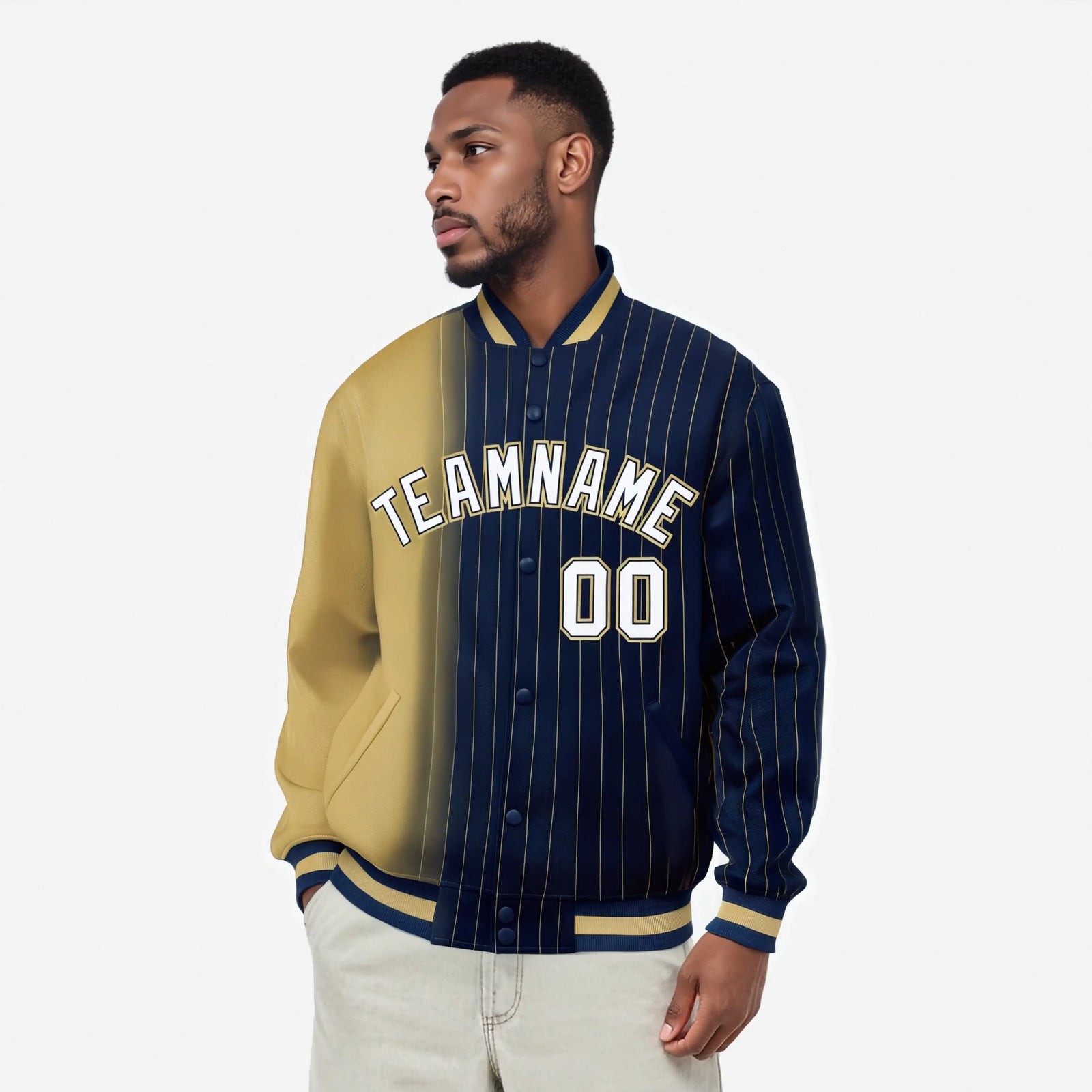 Custom Navy Khaki Pinstripe White-Khaki Gradient Fashion Varsity Full-Snap Jacket