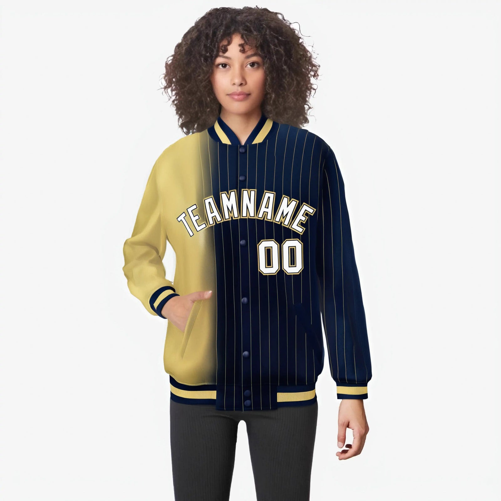 Custom Navy Khaki Pinstripe White-Khaki Gradient Fashion Varsity Full-Snap Jacket