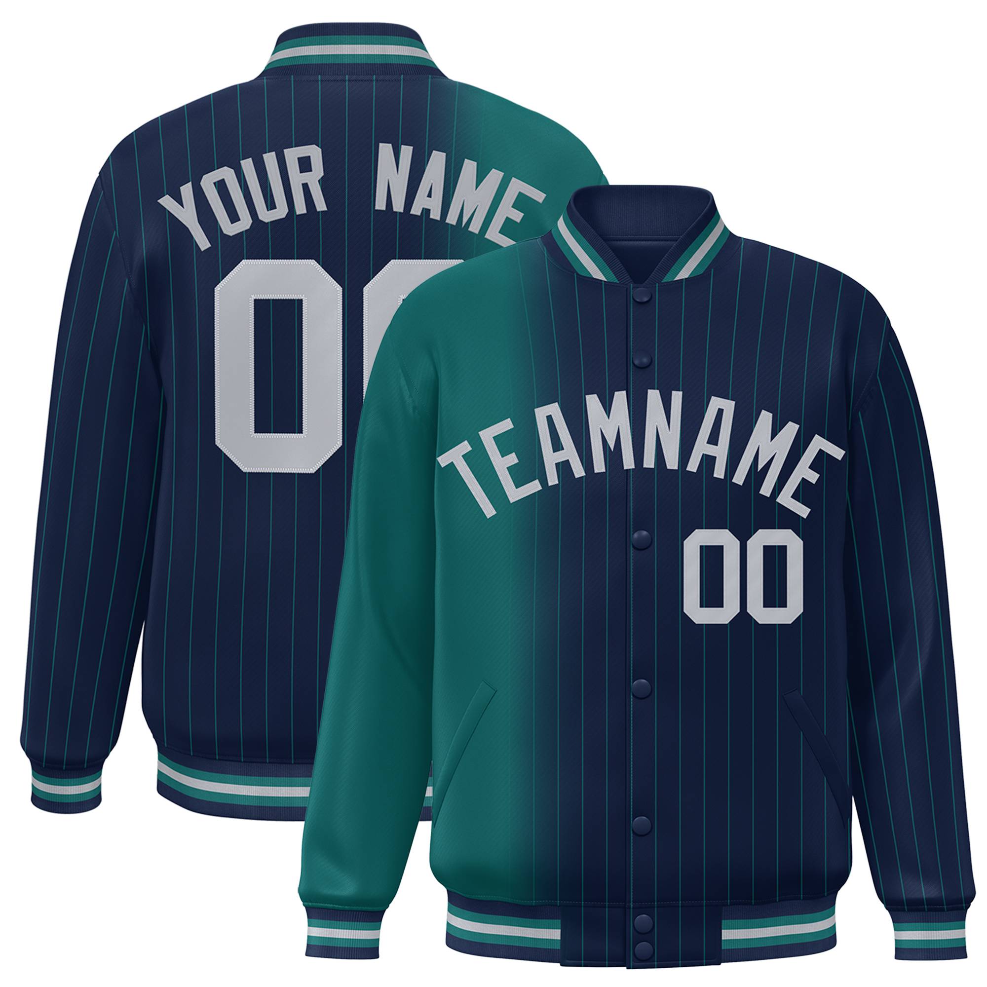 Custom Navy Aqua Pinstripe Gray-Aqua Gradient Fashion Varsity Full-Snap Jacket