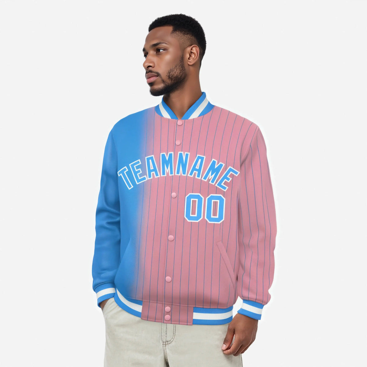 Custom Light Pink Powder-Blue Pinstripe White-Powder Blue Gradient Fashion Varsity Full-Snap Jacket