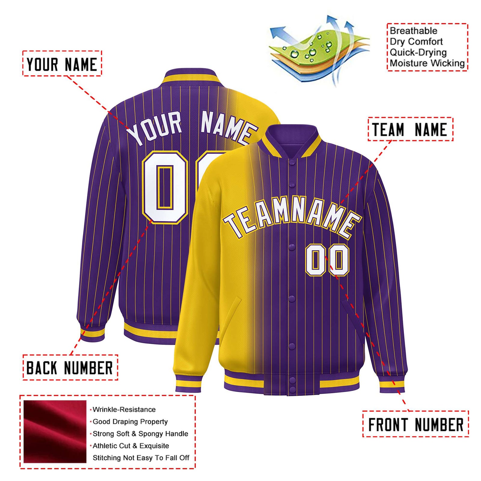 Custom Purple Gold Pinstripe White-Gold Gradient Fashion Varsity Full-Snap Jacket