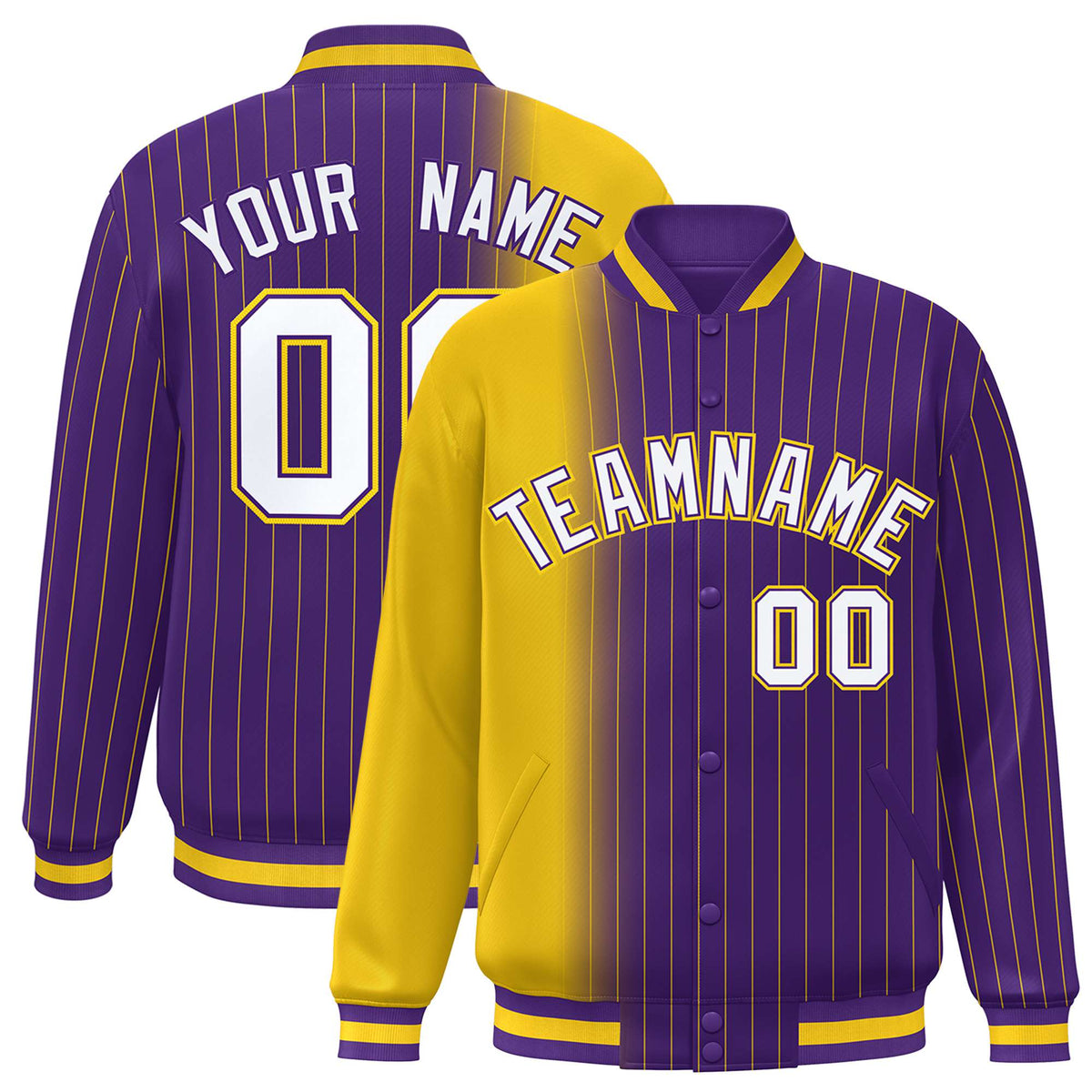 Custom Purple Gold Pinstripe White-Gold Gradient Fashion Varsity Full-Snap Jacket