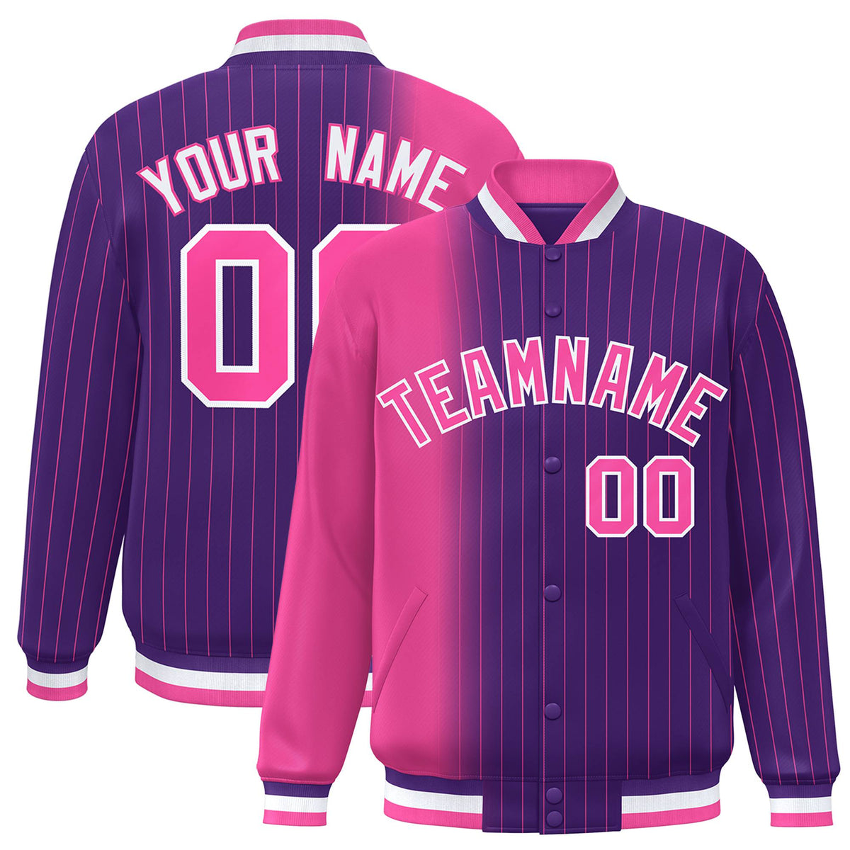 Custom Purple Pink Pinstripe White-Pink Gradient Fashion Varsity Full-Snap Jacket