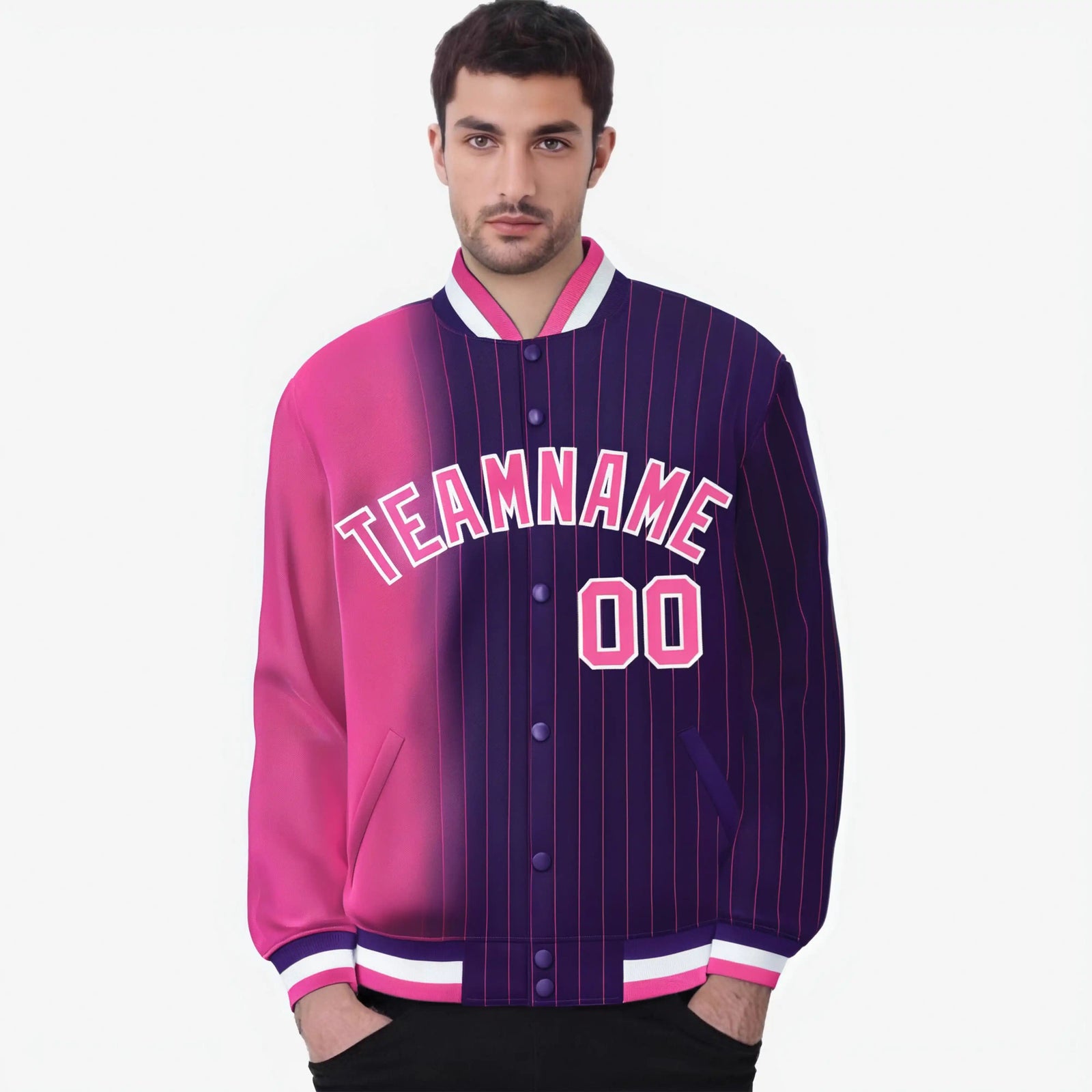Custom Purple Pink Pinstripe White-Pink Gradient Fashion Varsity Full-Snap Jacket