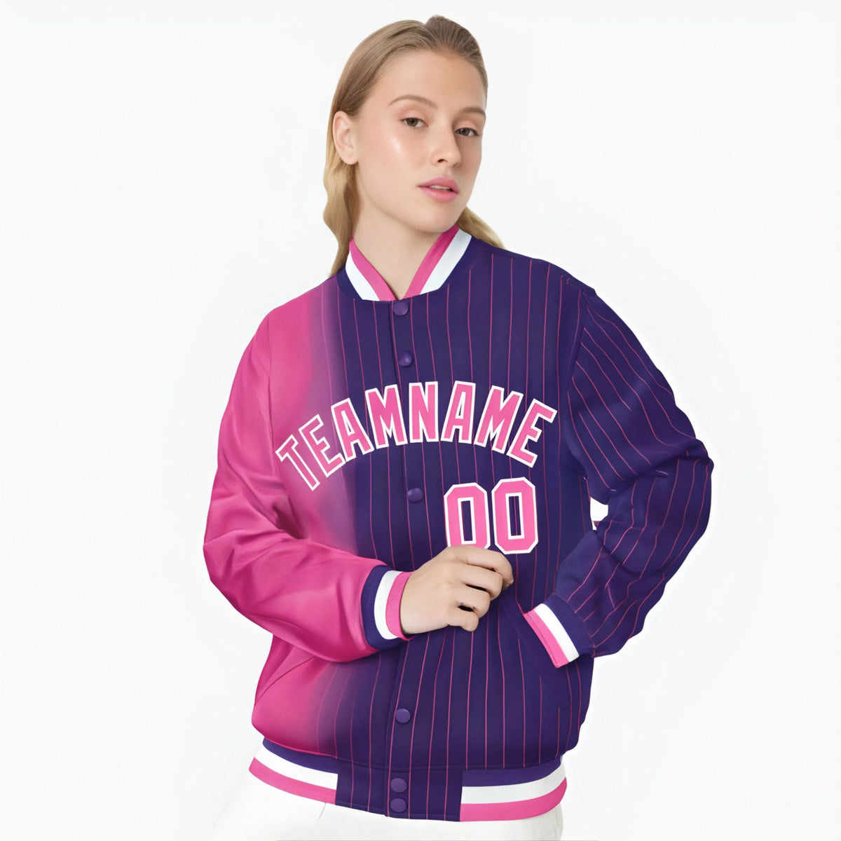 Custom Purple Pink Pinstripe White-Pink Gradient Fashion Varsity Full-Snap Jacket