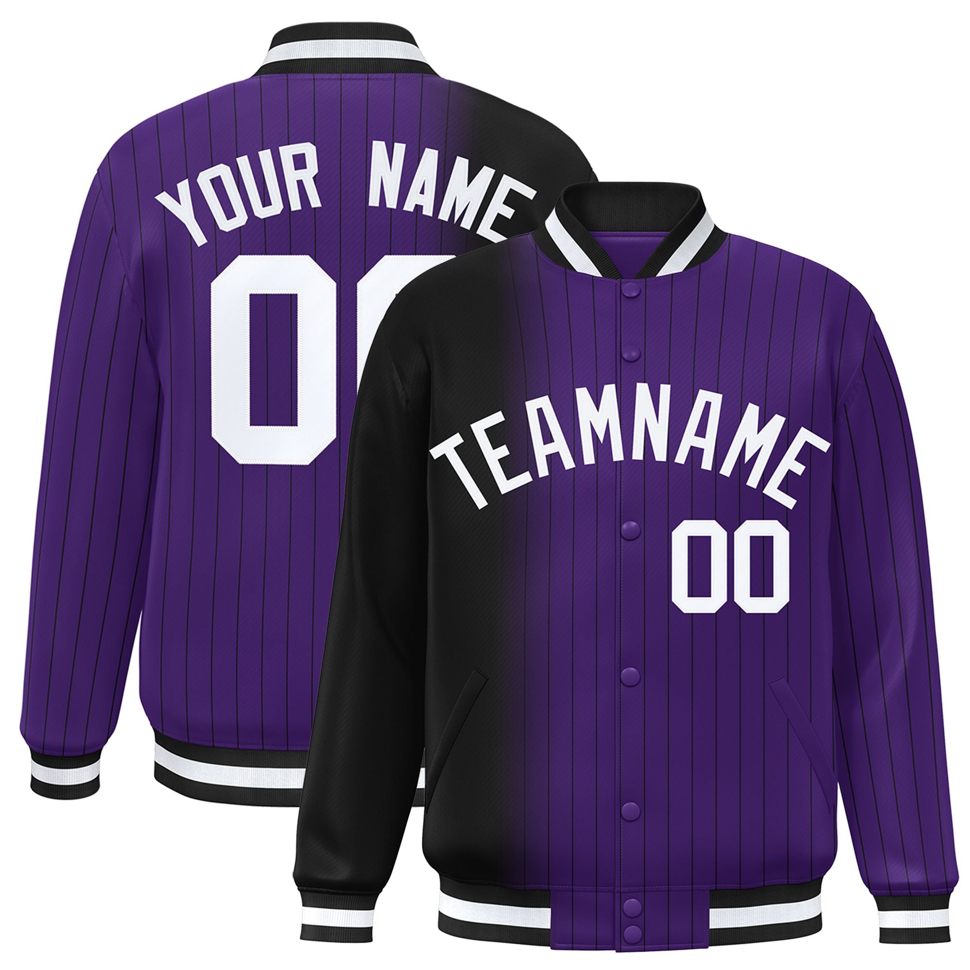 Custom Purple Black Pinstripe White-Black Gradient Fashion Varsity Full-Snap Jacket