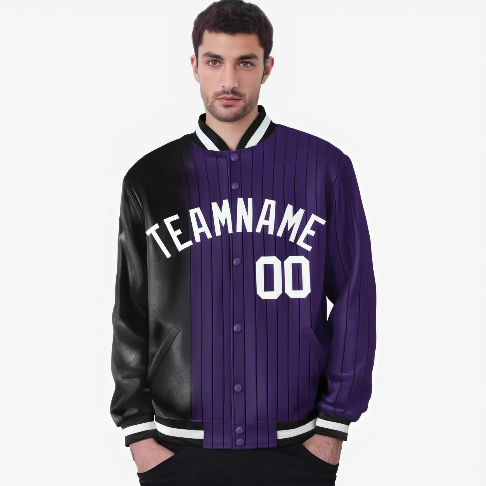 Custom Purple Black Pinstripe White-Black Gradient Fashion Varsity Full-Snap Jacket