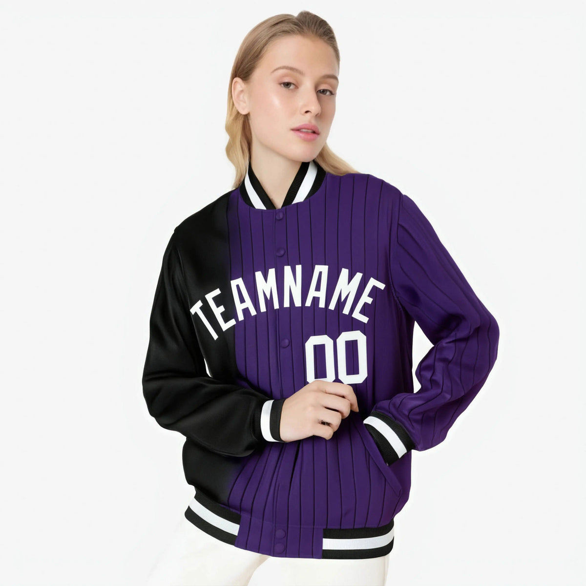 Custom Purple Black Pinstripe White-Black Gradient Fashion Varsity Full-Snap Jacket