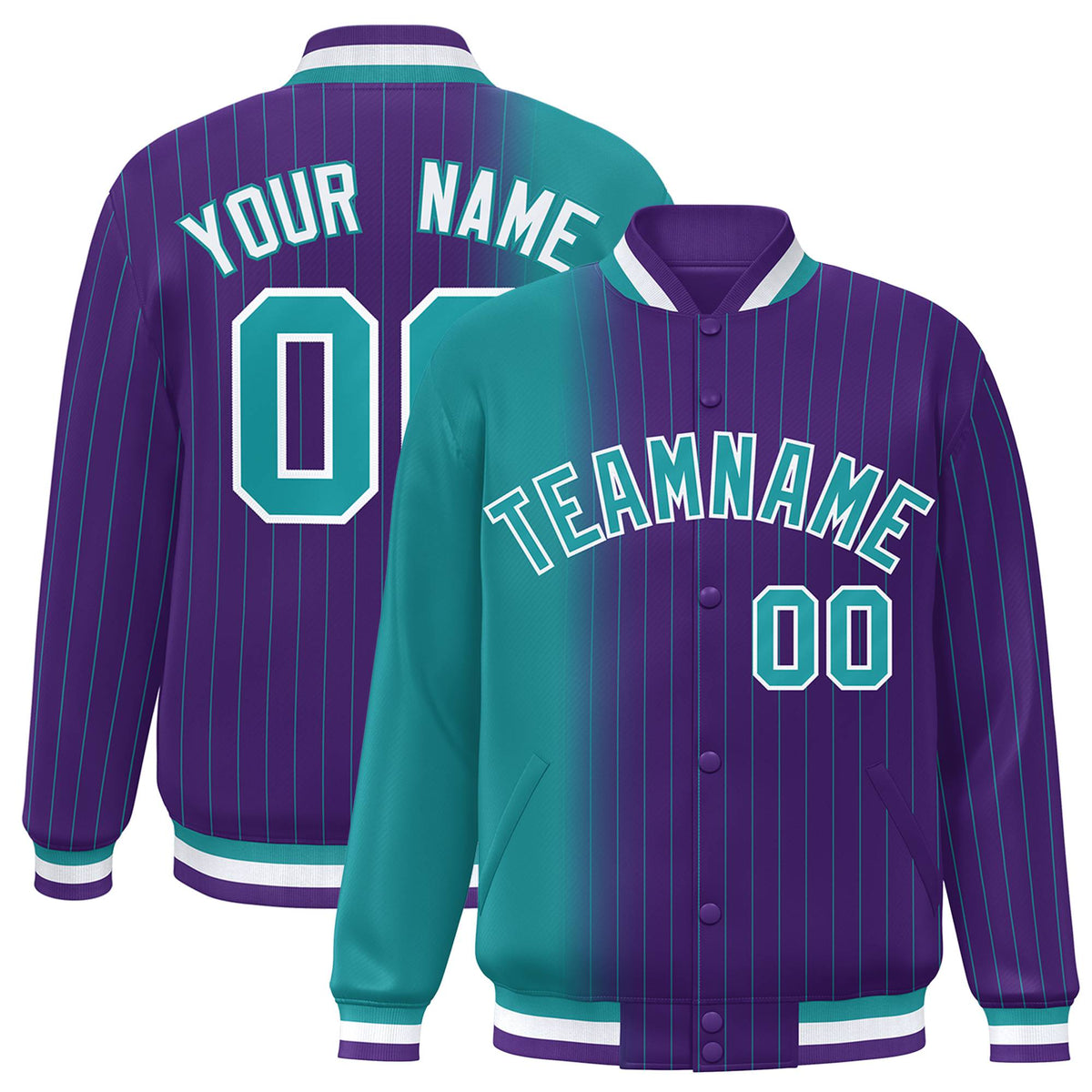 Custom Purple Aqua Pinstripe White-Aqua Gradient Fashion Varsity Full-Snap Jacket