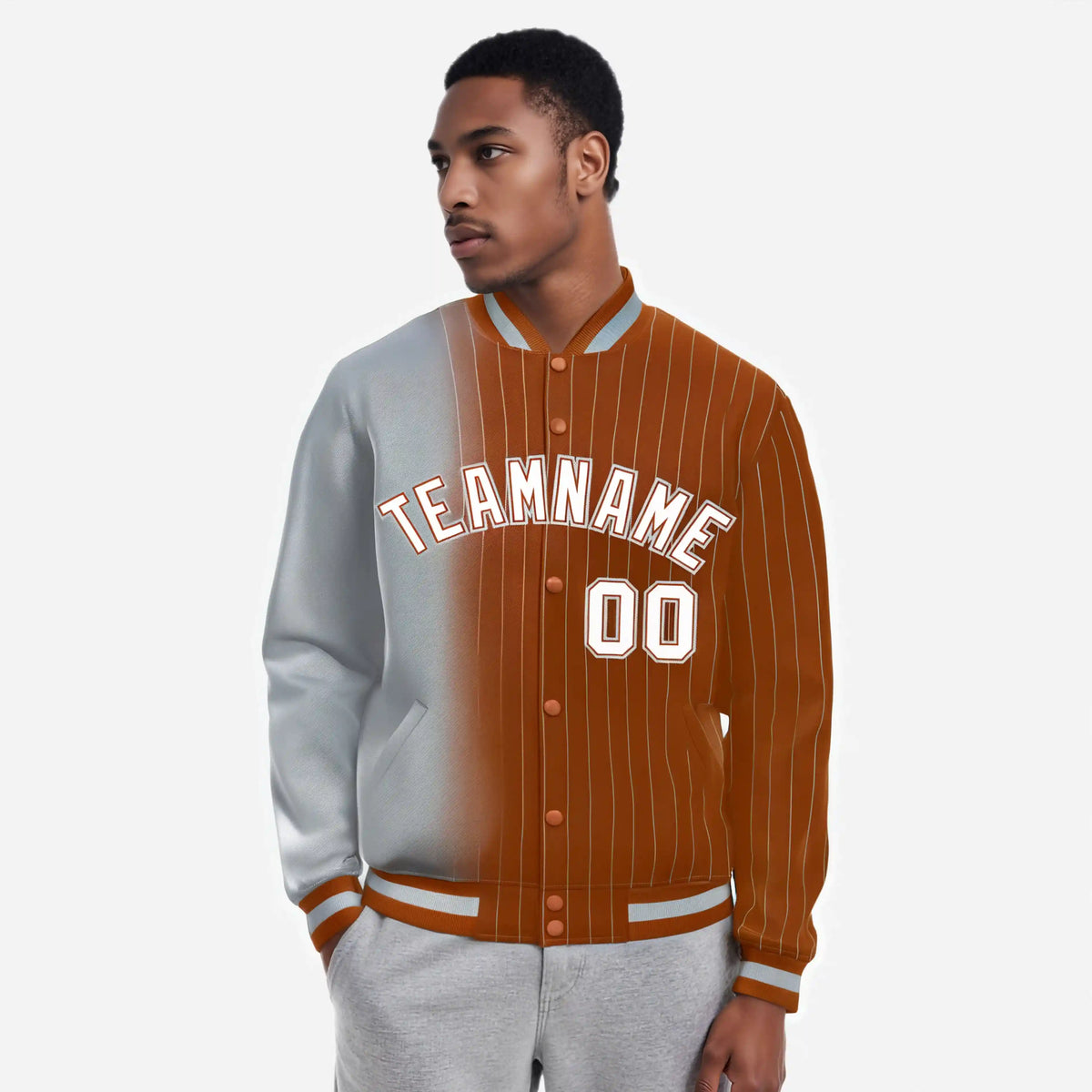 Custom Gray Orange Pinstripe White-Gray Gradient Fashion Varsity Full-Snap Jacket