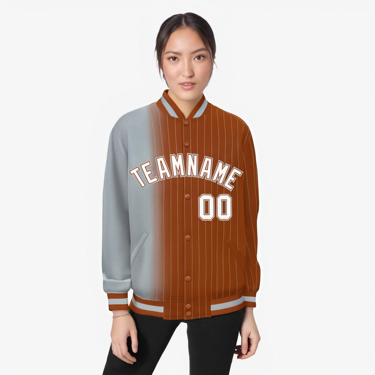 Custom Gray Orange Pinstripe White-Gray Gradient Fashion Varsity Full-Snap Jacket