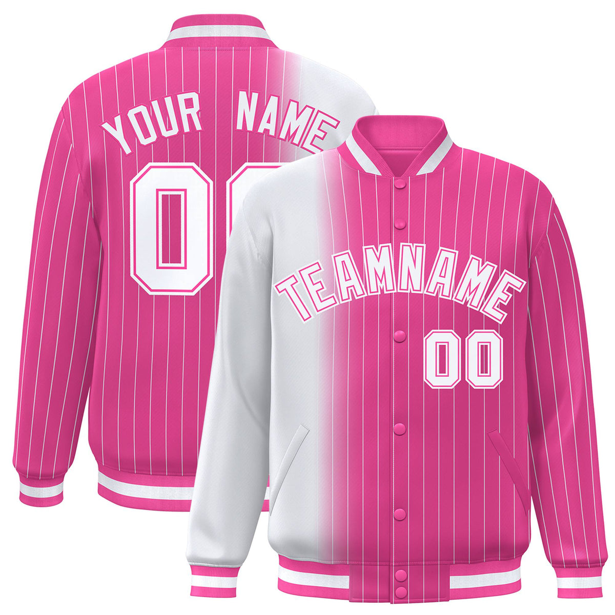 Custom Pink White Pinstripe Pink-White Gradient Fashion Varsity Full-Snap Jacket