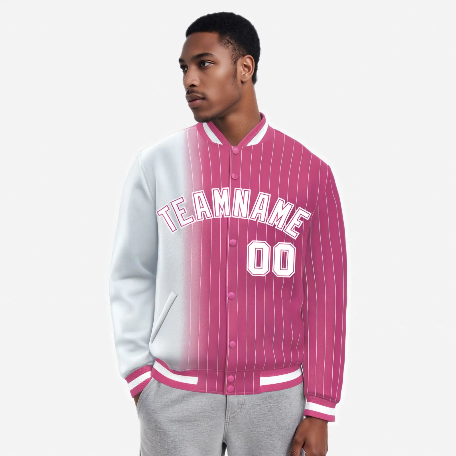 Custom Pink White Pinstripe Pink-White Gradient Fashion Varsity Full-Snap Jacket