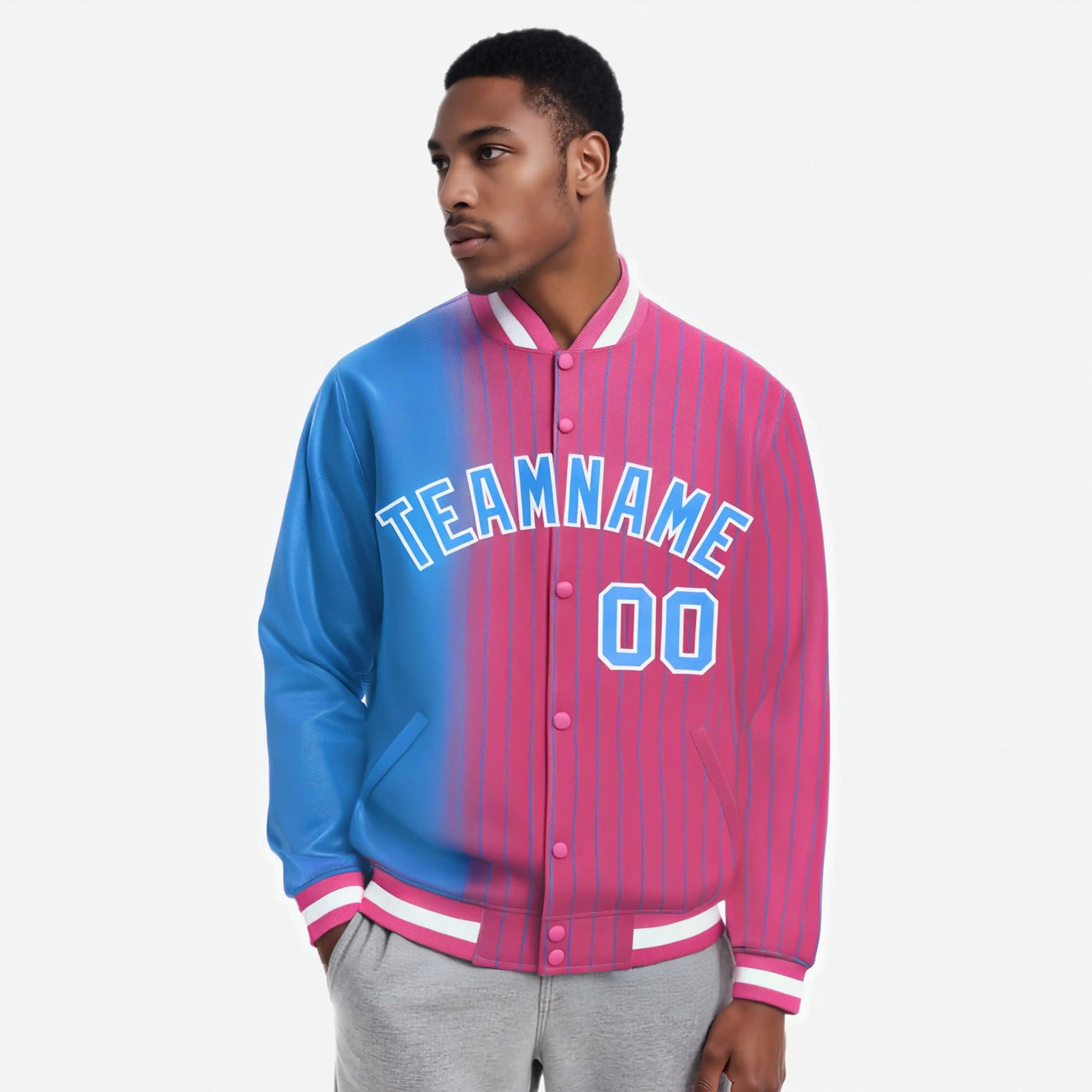Custom Pink Powder Blue Pinstripe White-Powder Blue Gradient Fashion Varsity Full-Snap Jacket