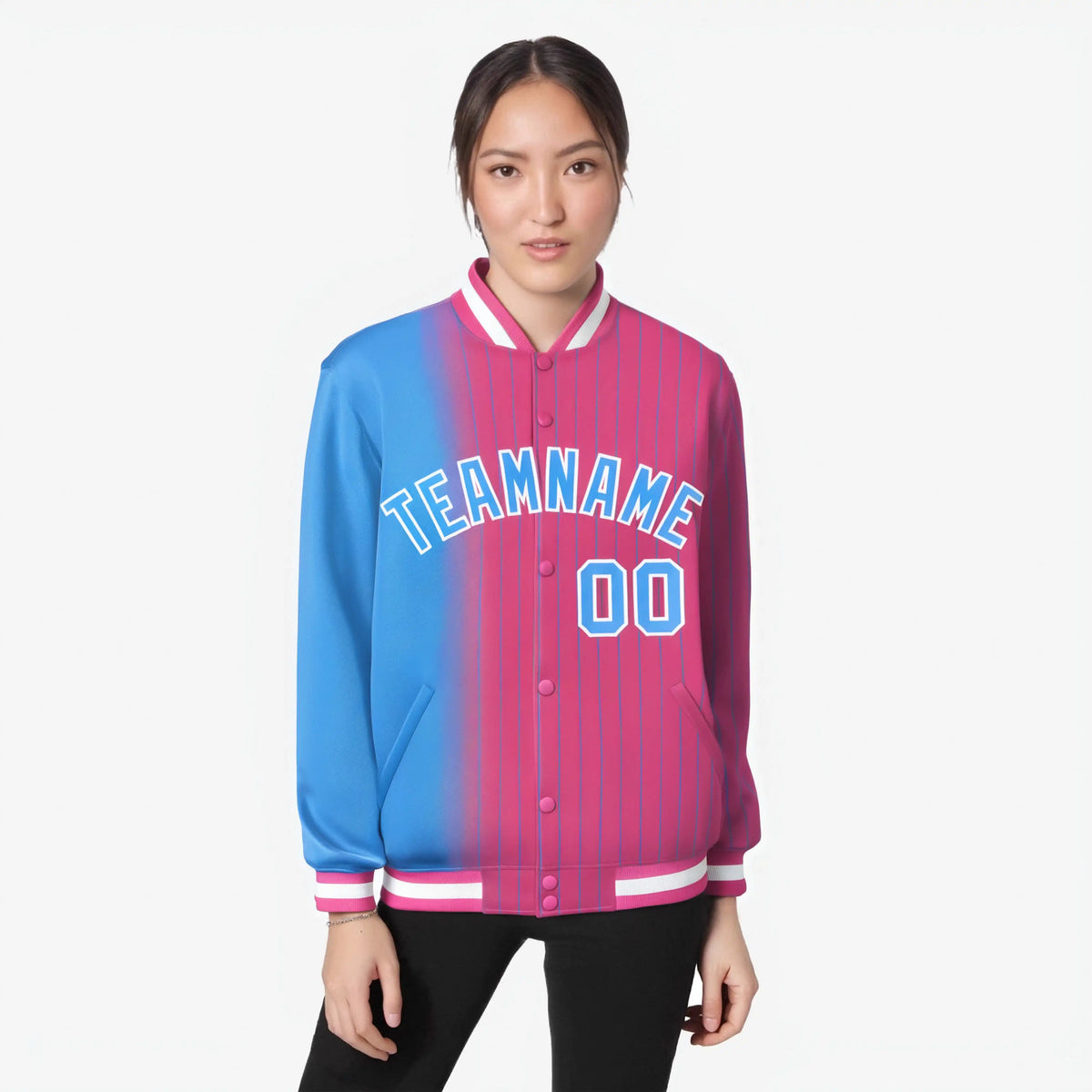 Custom Pink Powder Blue Pinstripe White-Powder Blue Gradient Fashion Varsity Full-Snap Jacket