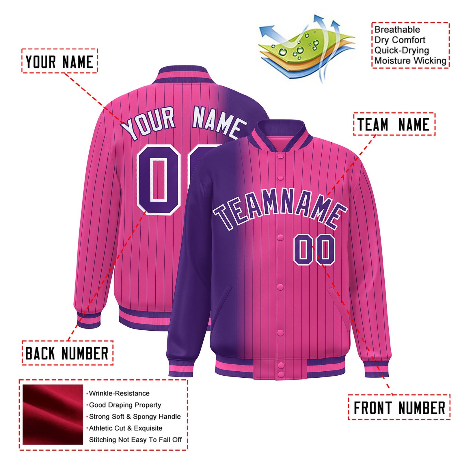 Custom Pink Purple Pinstripe White-Purple Gradient Fashion Varsity Full-Snap Jacket
