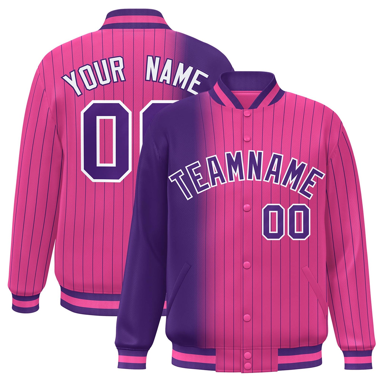 Custom Pink Purple Pinstripe White-Purple Gradient Fashion Varsity Full-Snap Jacket