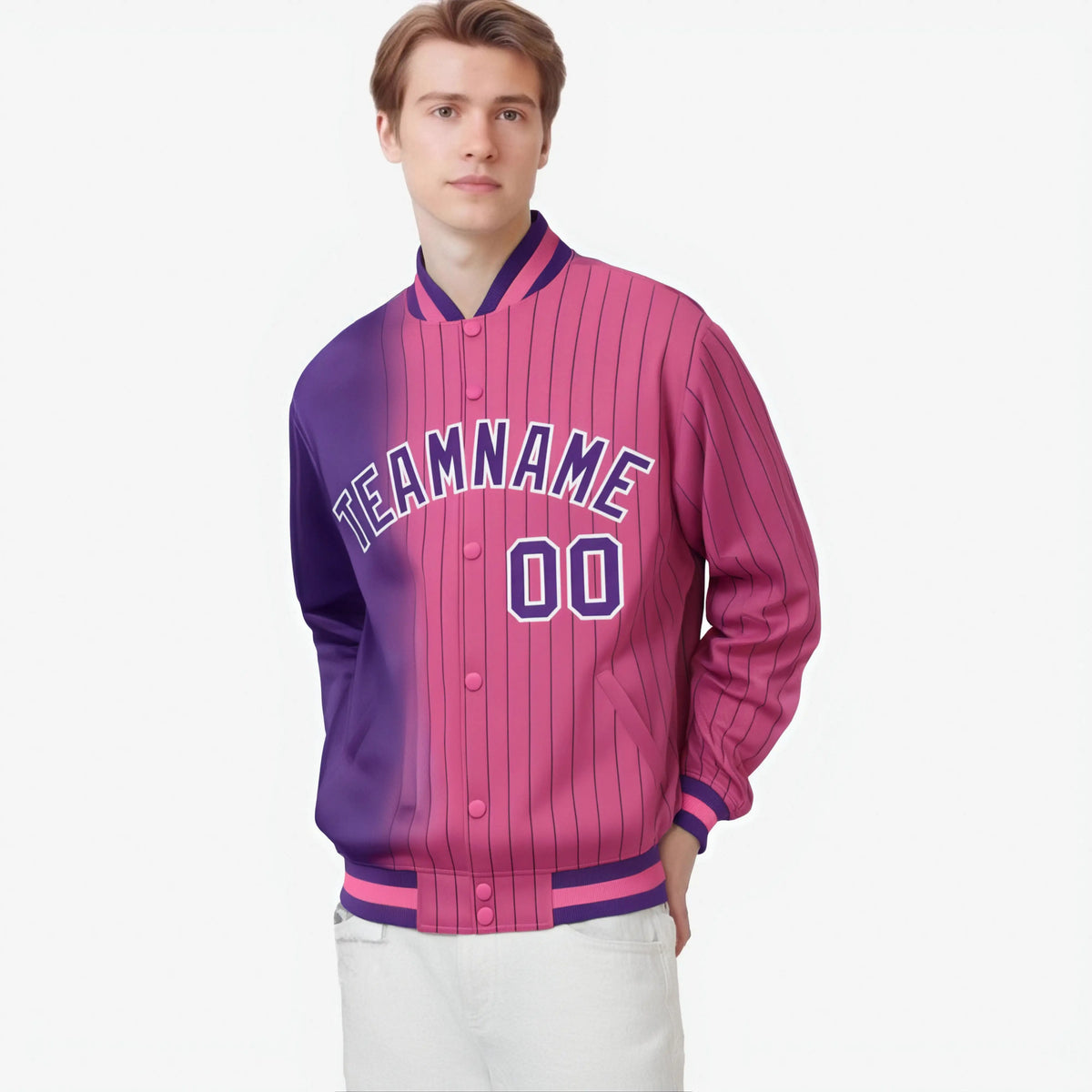 Custom Pink Purple Pinstripe White-Purple Gradient Fashion Varsity Full-Snap Jacket