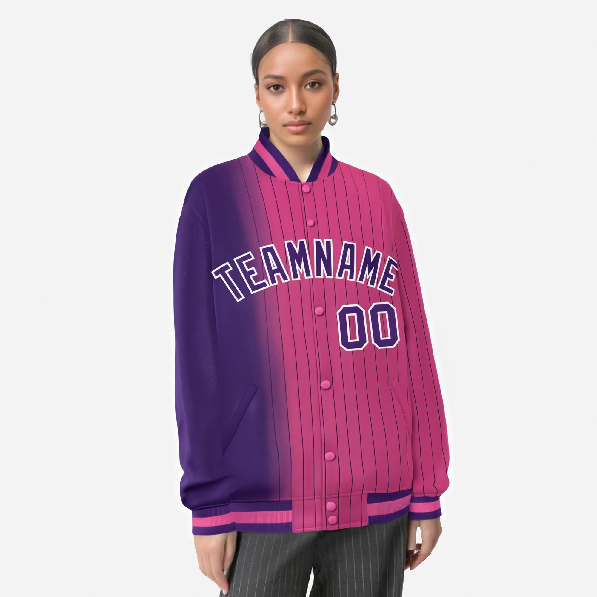 Custom Pink Purple Pinstripe White-Purple Gradient Fashion Varsity Full-Snap Jacket