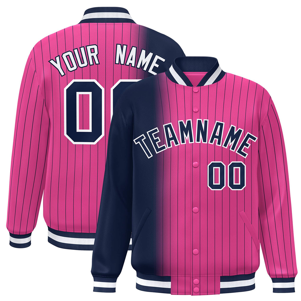 Custom Pink Navy Pinstripe White-Navy Gradient Fashion Varsity Full-Snap Jacket