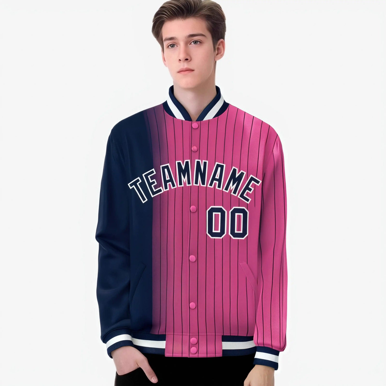 Custom Pink Navy Pinstripe White-Navy Gradient Fashion Varsity Full-Snap Jacket