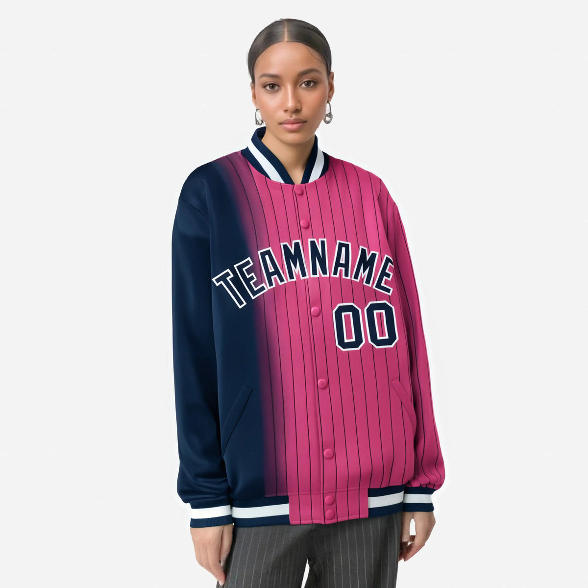 Custom Pink Navy Pinstripe White-Navy Gradient Fashion Varsity Full-Snap Jacket