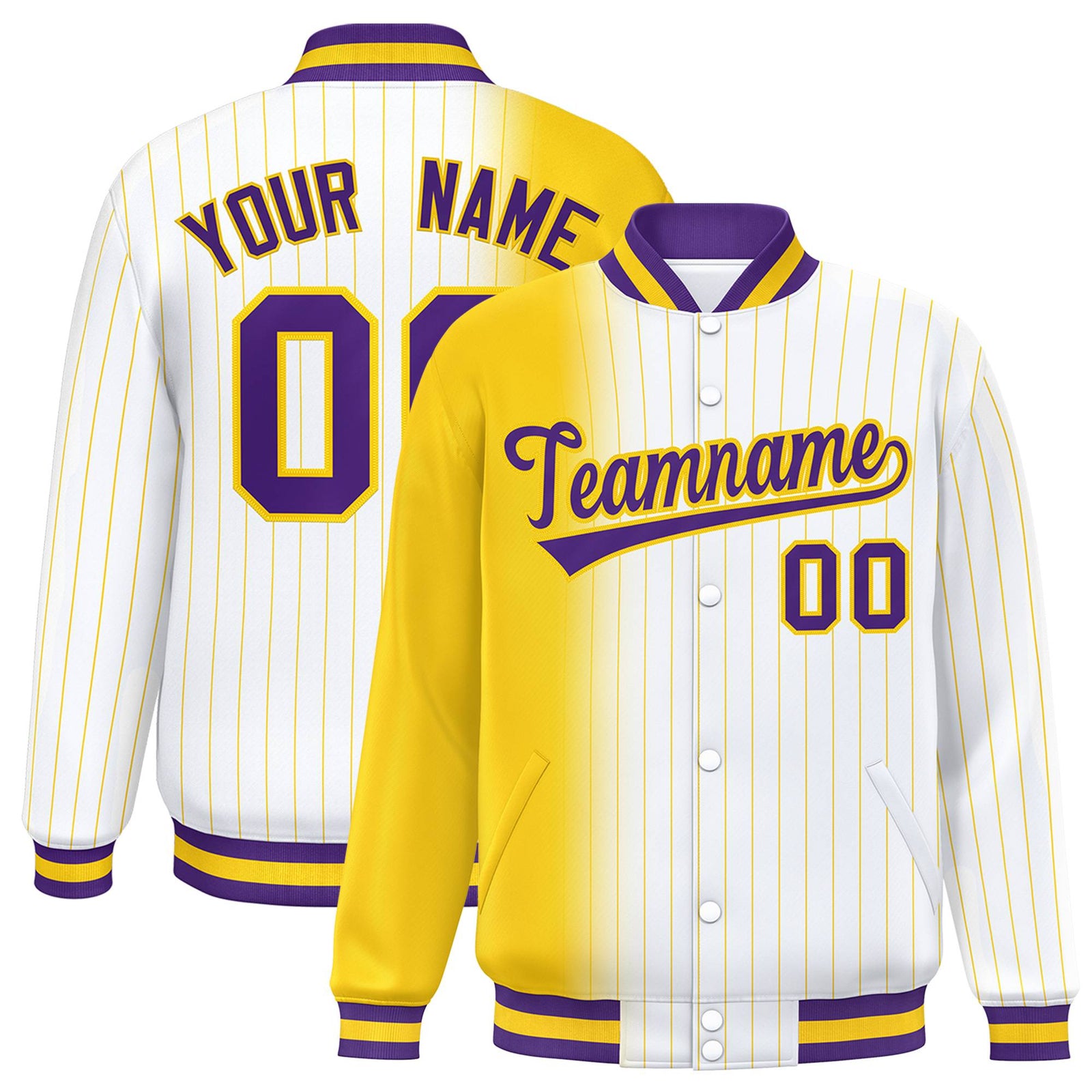 Custom White Gold Pinstripe Purple-Gold Gradient Fashion Varsity Full-Snap Jacket