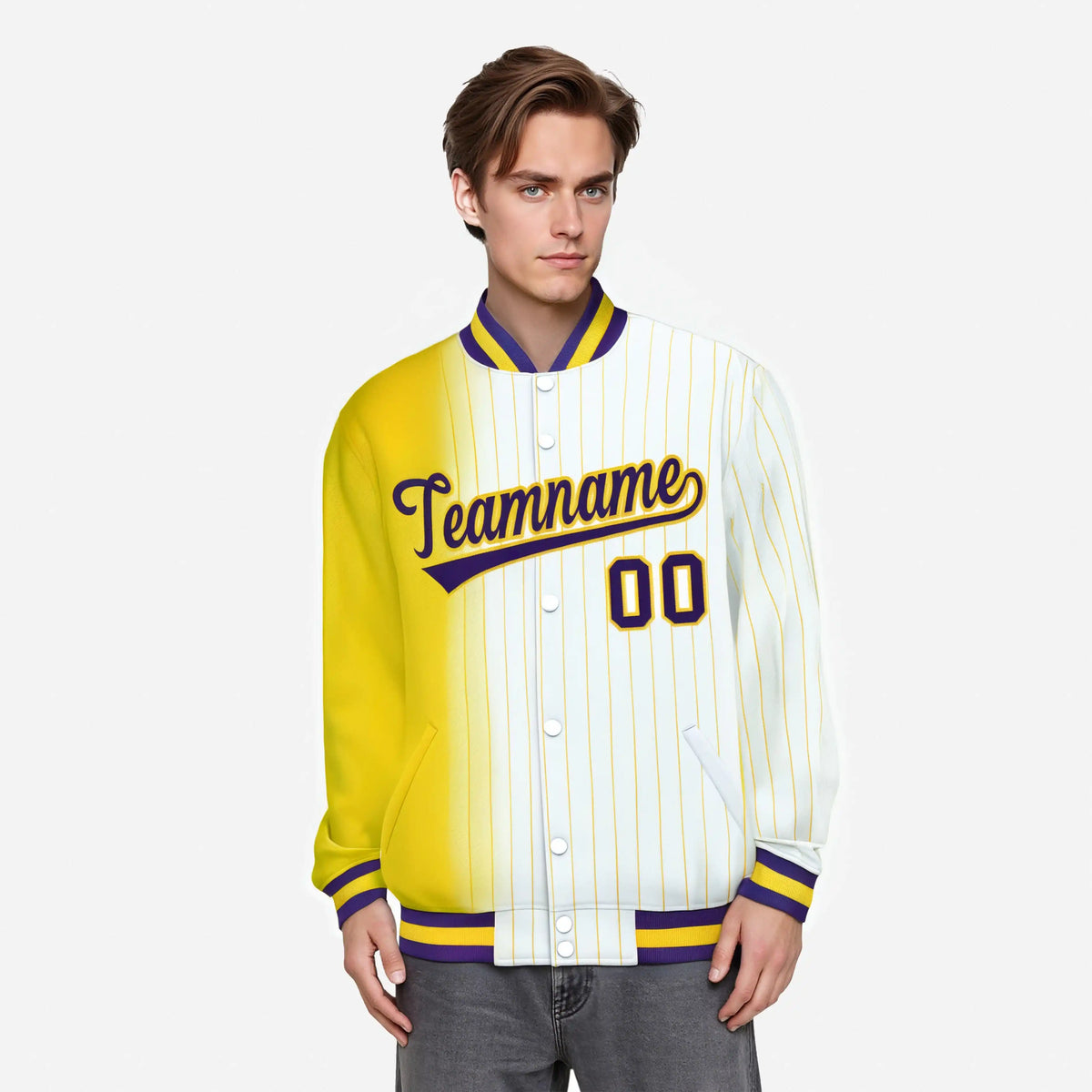 Custom White Gold Pinstripe Purple-Gold Gradient Fashion Varsity Full-Snap Jacket