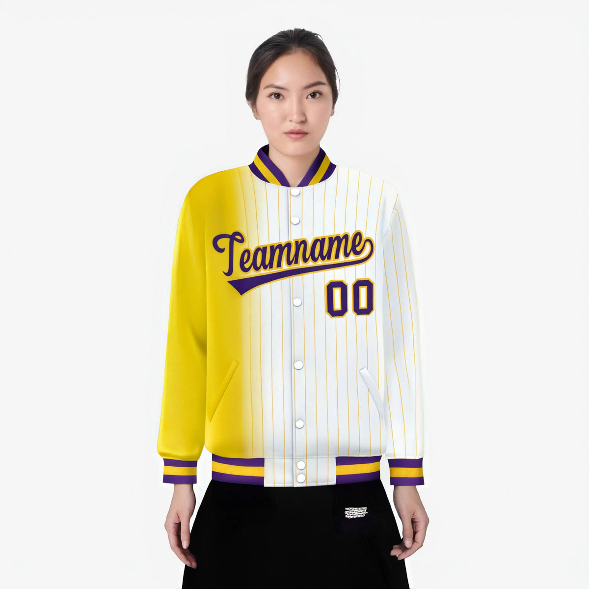 Custom White Gold Pinstripe Purple-Gold Gradient Fashion Varsity Full-Snap Jacket
