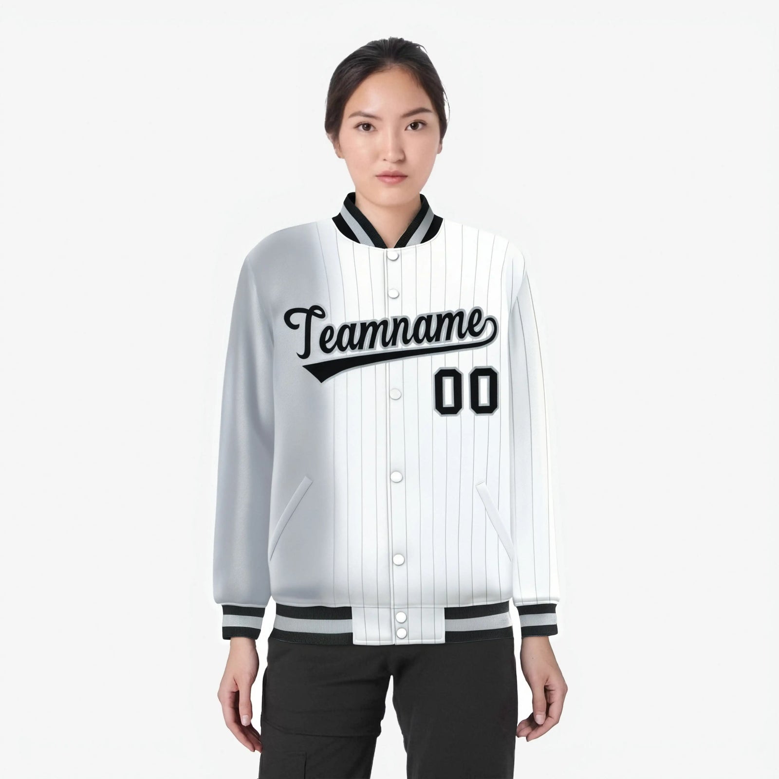 Custom White Gray Pinstripe Black-Gray Gradient Fashion Varsity Full-Snap Jacket