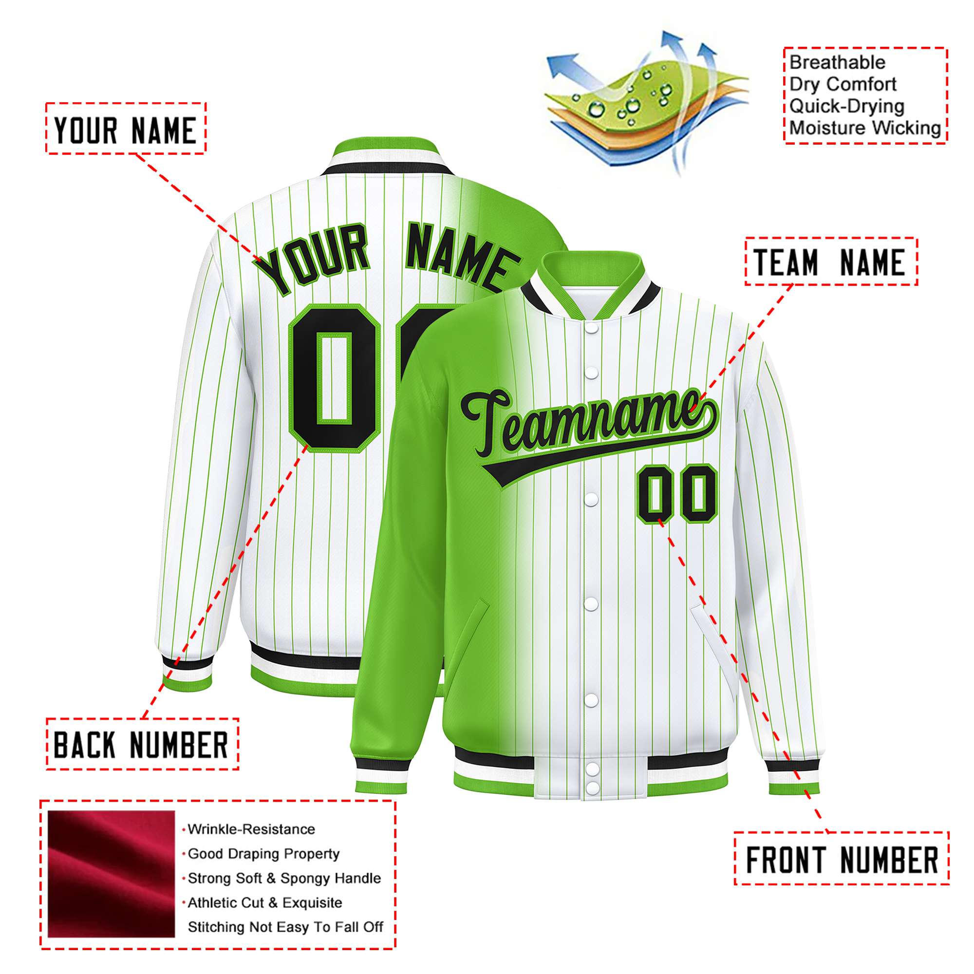 Custom White Neon-Green Pinstripe Black-Neon Green Gradient Fashion Varsity Full-Snap Jacket